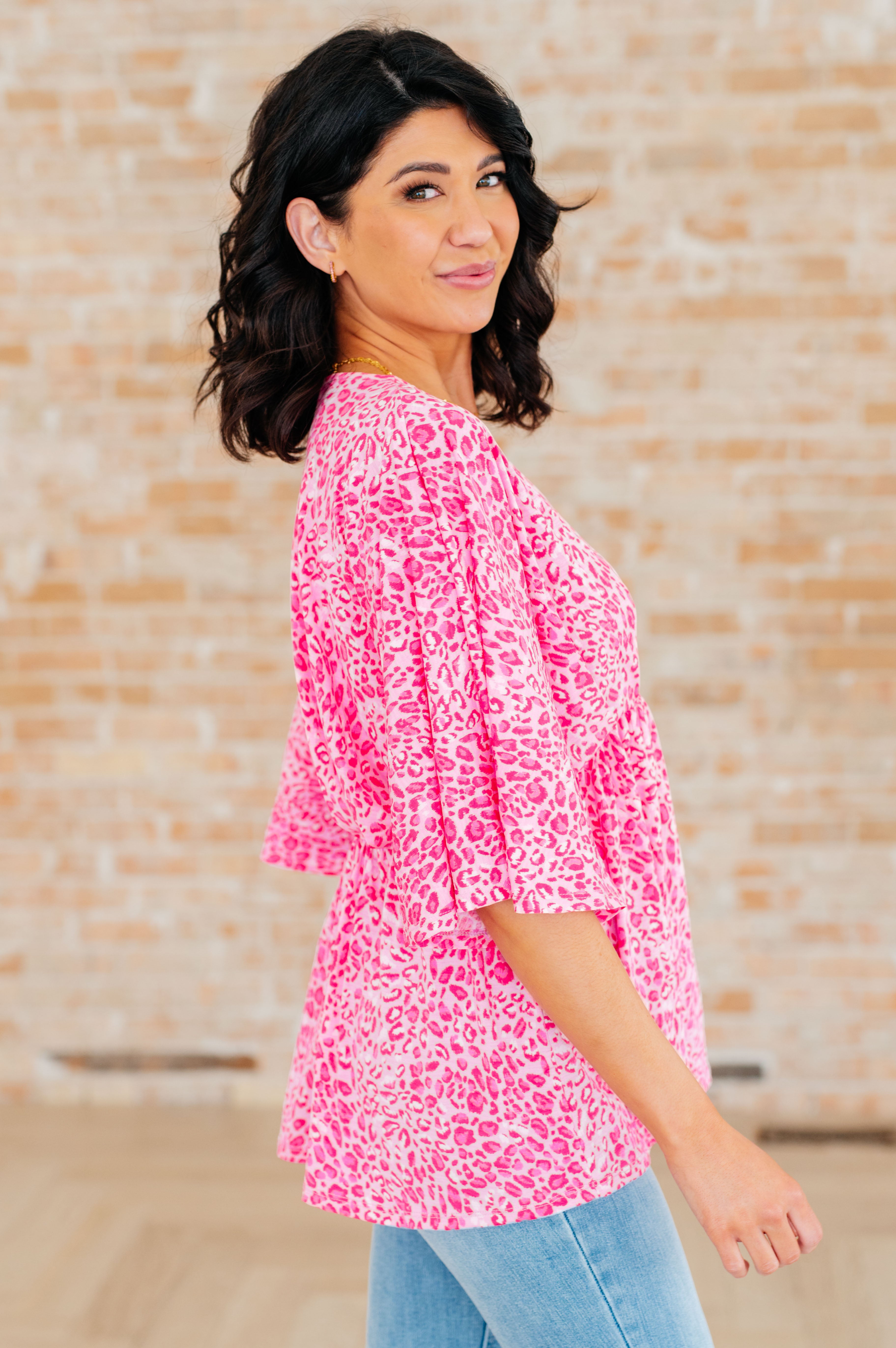 Dreamer Peplum Top in Pink Leopard - Charming Charlie