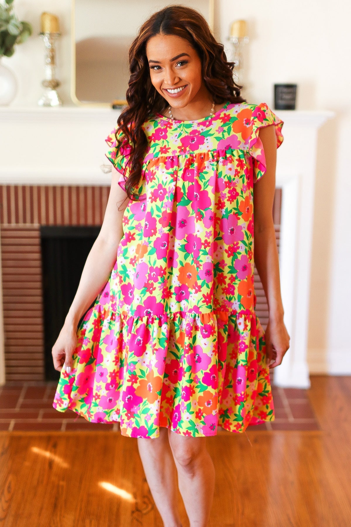 Be Charming Lime & Pink Floral Print Tiered Ruffle Sleeve Dress - Charming Charlie
