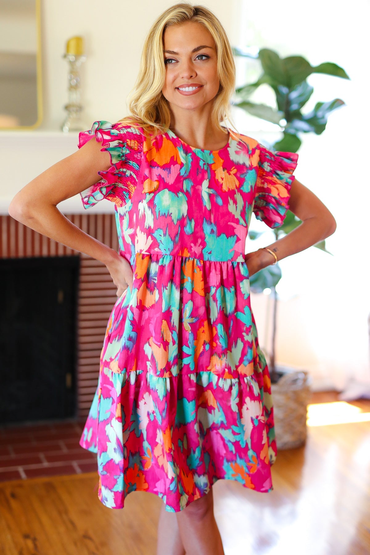 Look of Love Fuchsia Abstract Floral Print Smocked Ruffle Sleeve Dress - Charming Charlie