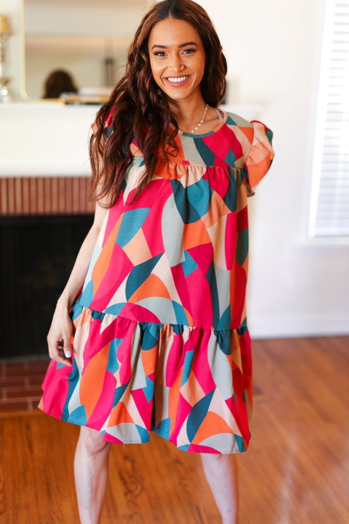 Stand Out Magenta & Teal Geometric Yoke Woven Dress - Charming Charlie