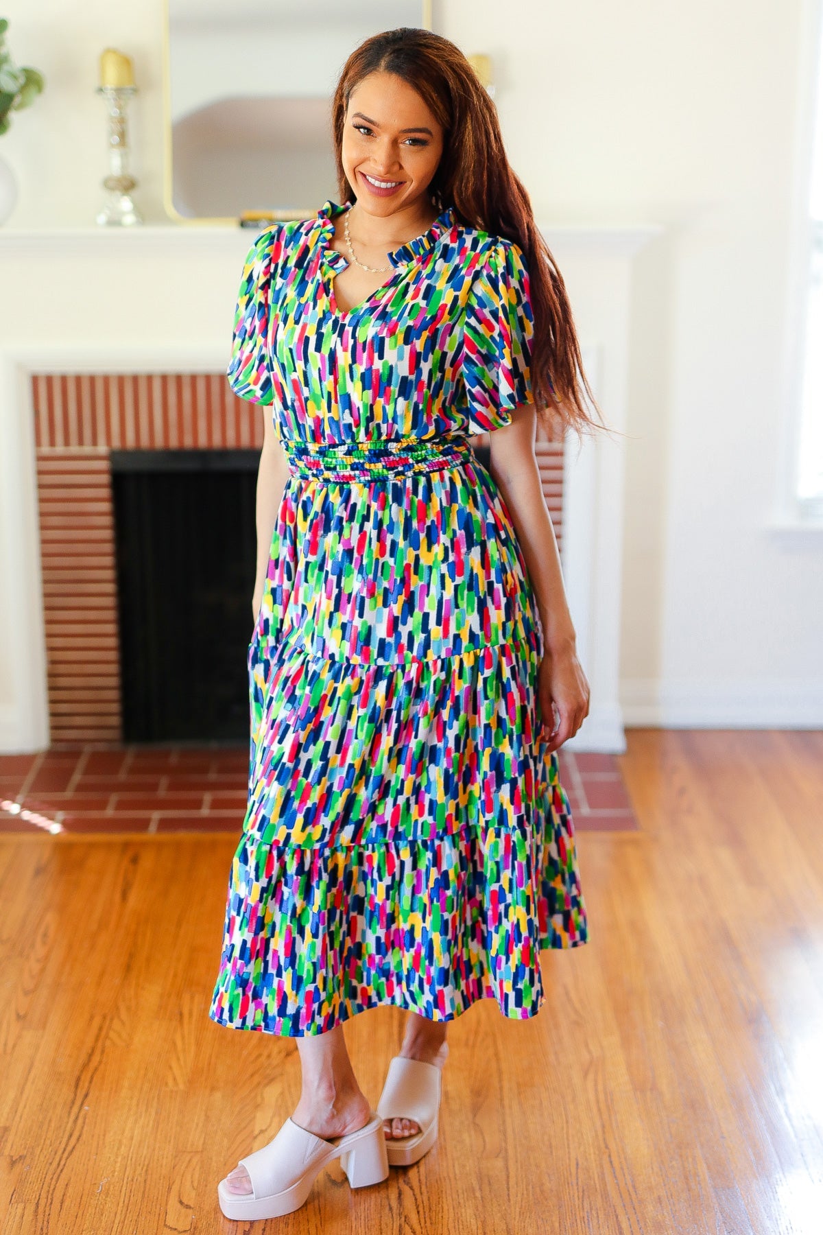 All For You Navy Multicolor Abstract Print Smocked Waist Maxi Dress - Charming Charlie