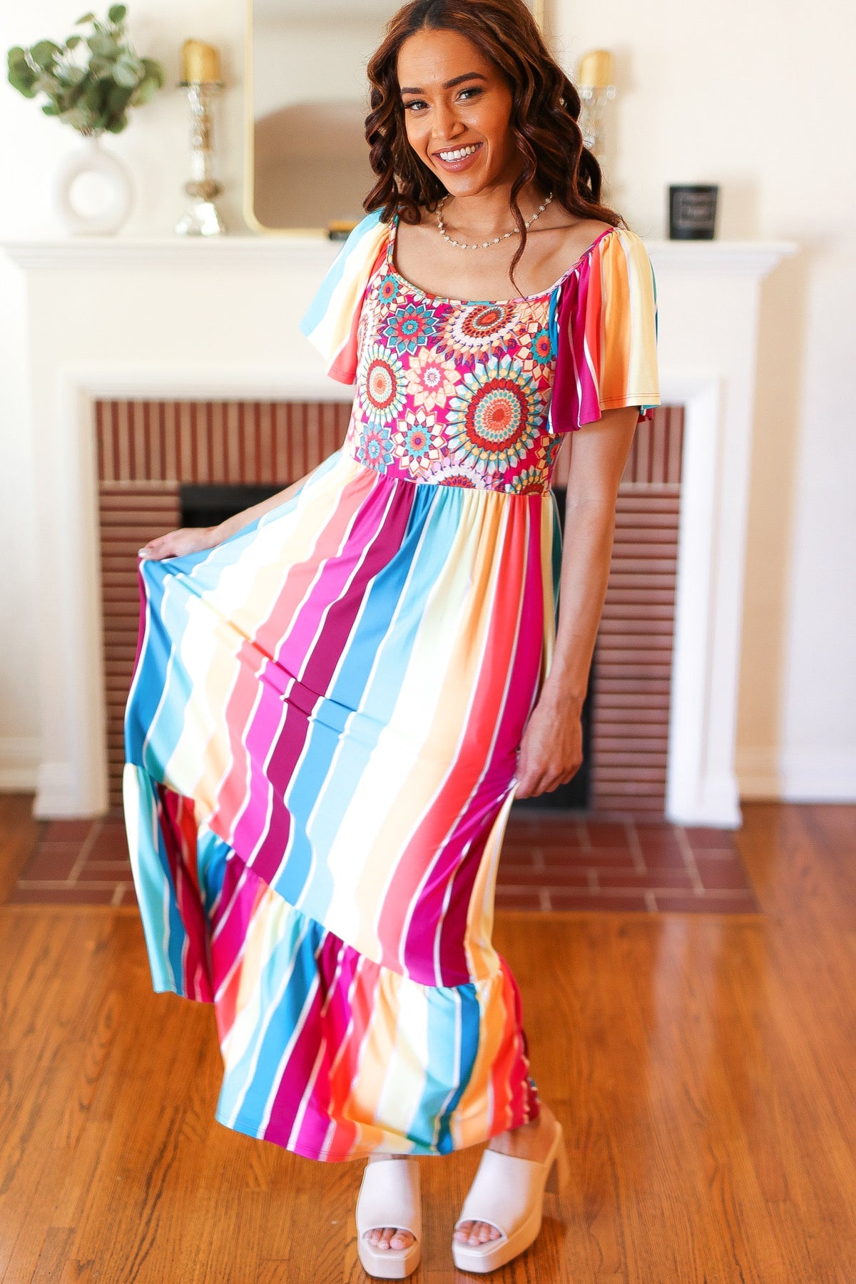 Feeling Bold Fuchsia & Teal Striped Medallion Crochet Print Dress - Charming Charlie