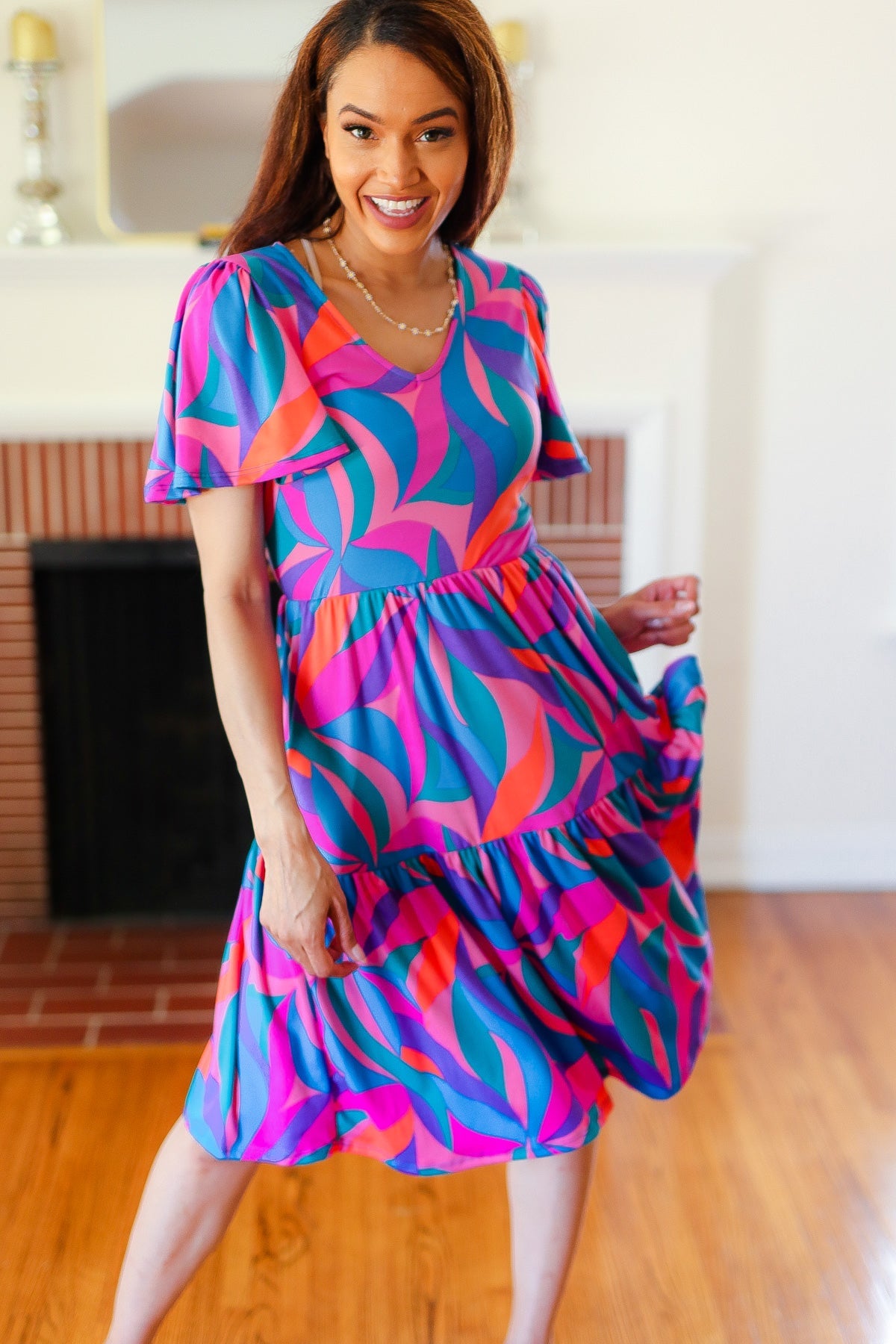 Remember Me Blue & Fuchsia Geo Print V Neck Dress - Charming Charlie