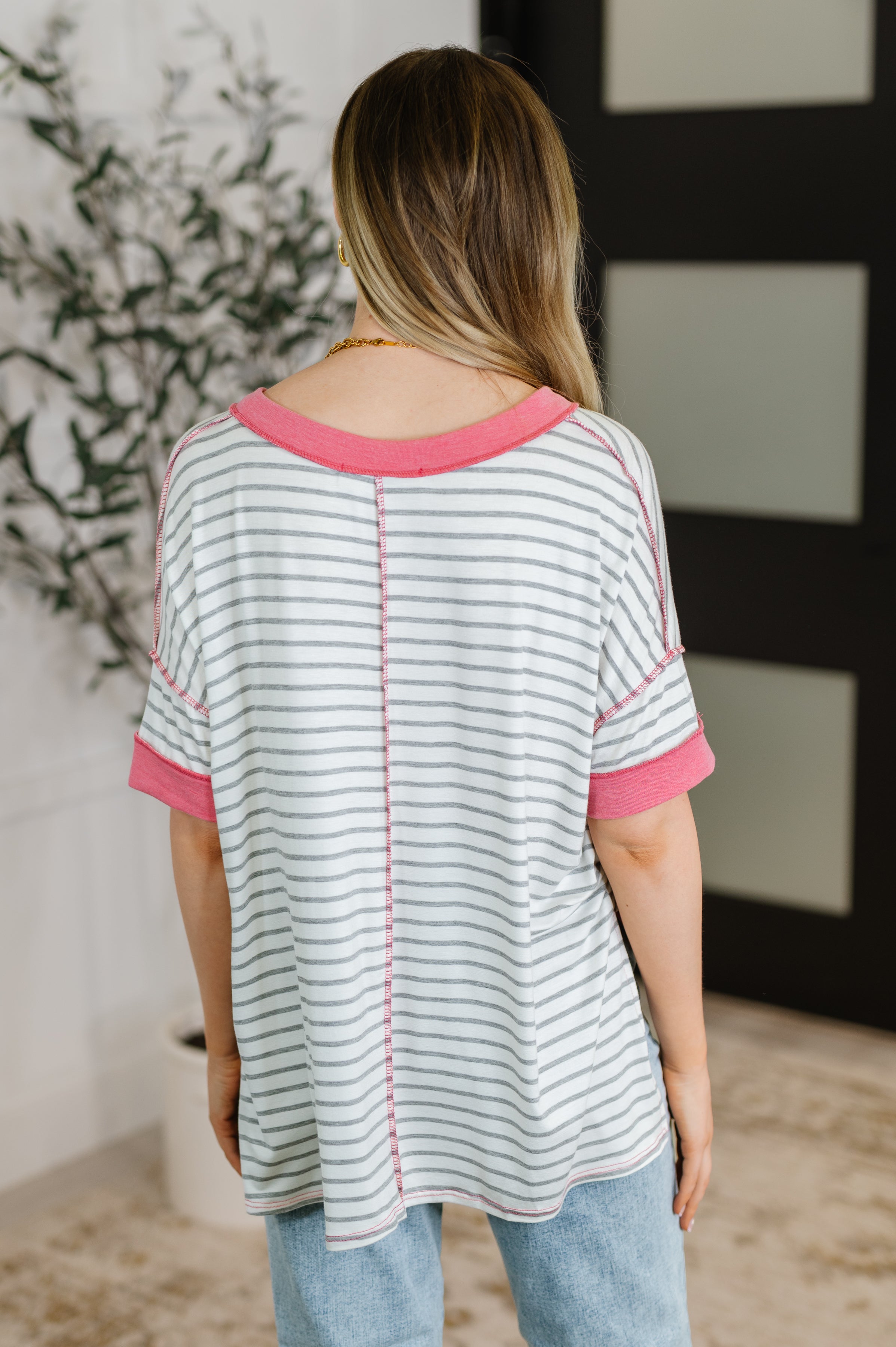 Dressed to Chill V-Neck Top in Heather/Grey/Ivory/Pink - Charming Charlie