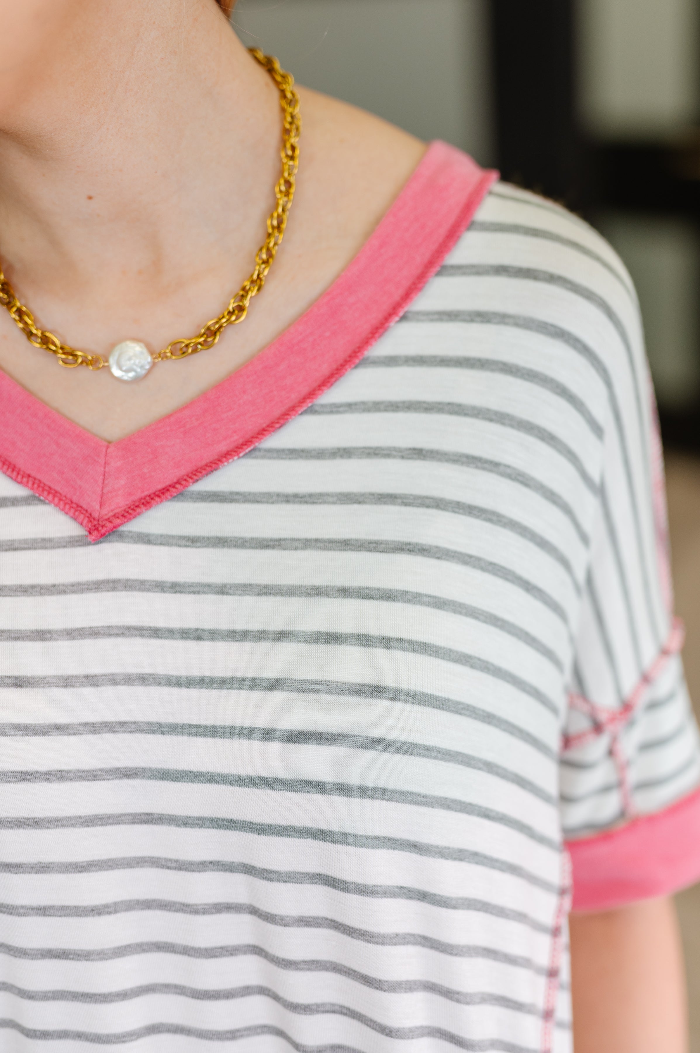 Dressed to Chill V-Neck Top in Heather/Grey/Ivory/Pink - Charming Charlie