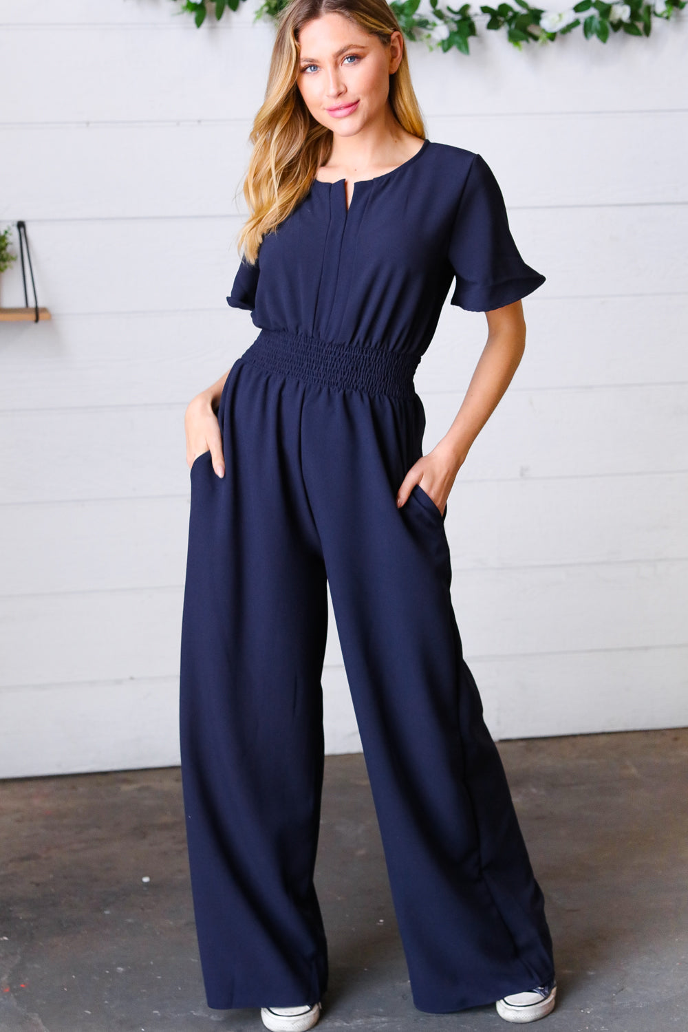 Dark Blue Smocked Waist Notch Neck Crepe Jumpsuit - Charming Charlie