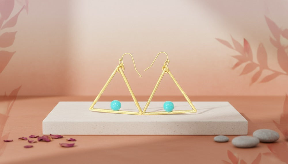Gold Pyramid Shaped Dangle Earring With Turquoise Stone - Charming Charlie