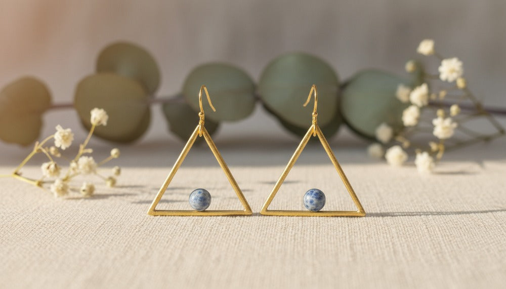 Gold Triangular Shaped Dangle Earrings with Blue Stone - Charming Charlie