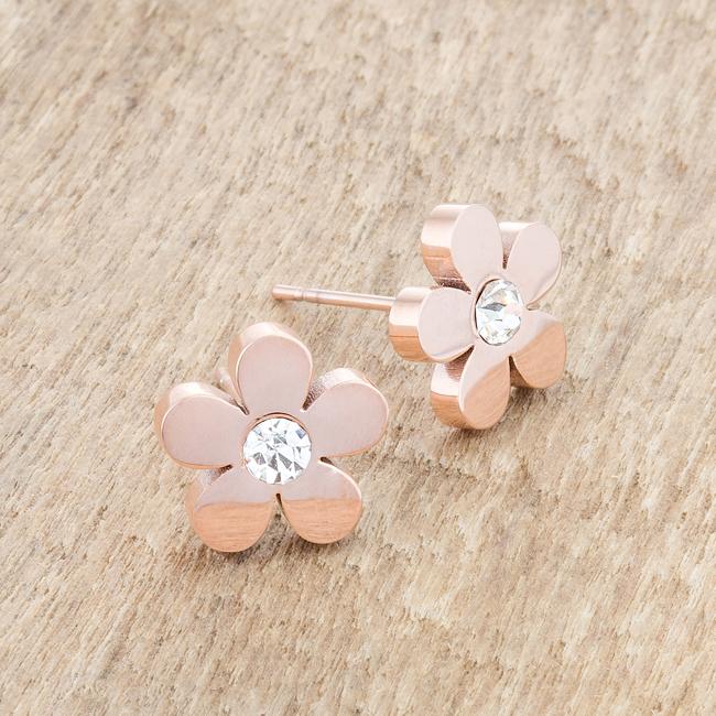 Daisy 0.3ct CZ Rose Gold Stainless Steel Flower Stud Earrings - Charming Charlie
