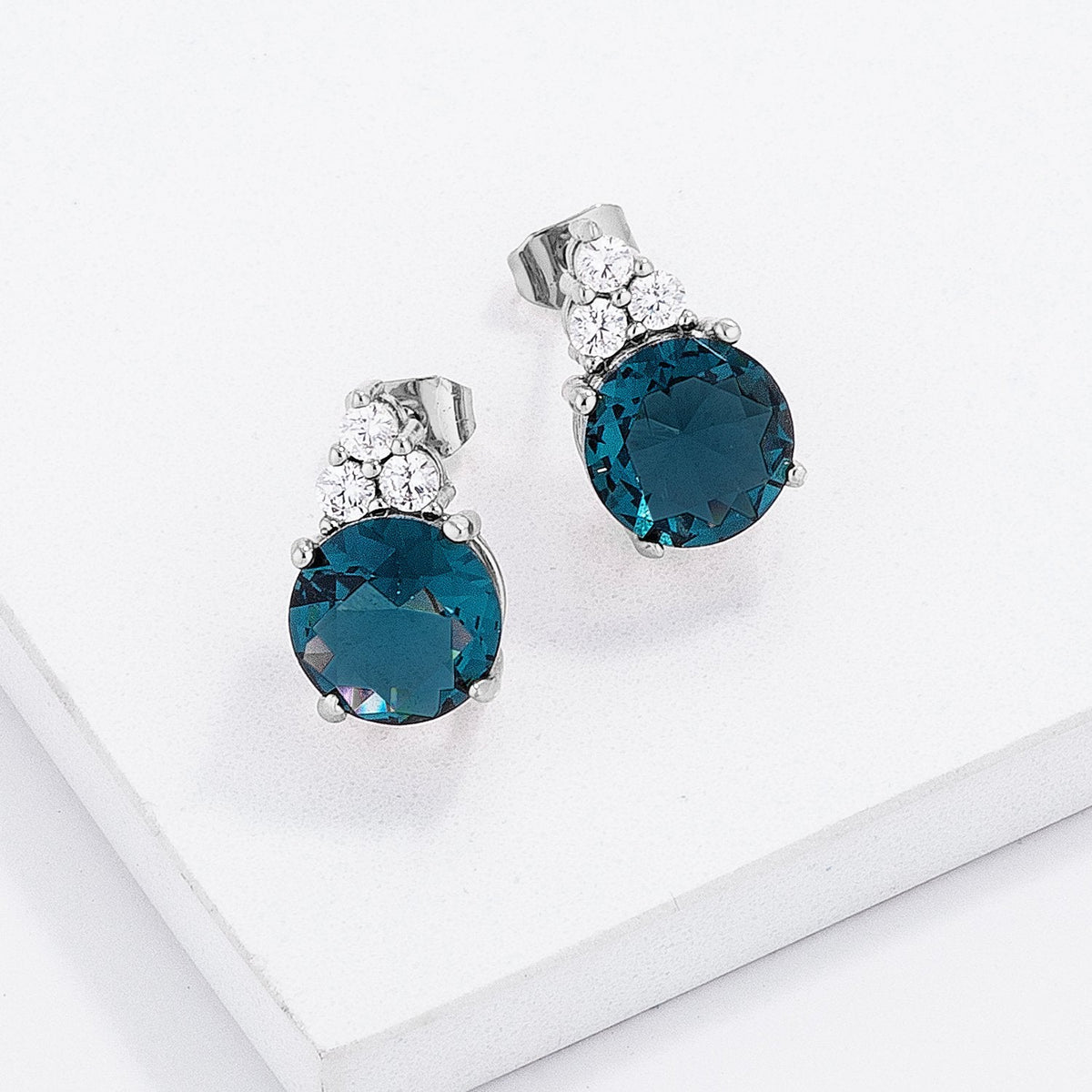 Simple Rhodium Plated 9mm Blue Green CZ Stud Earring - Charming Charlie