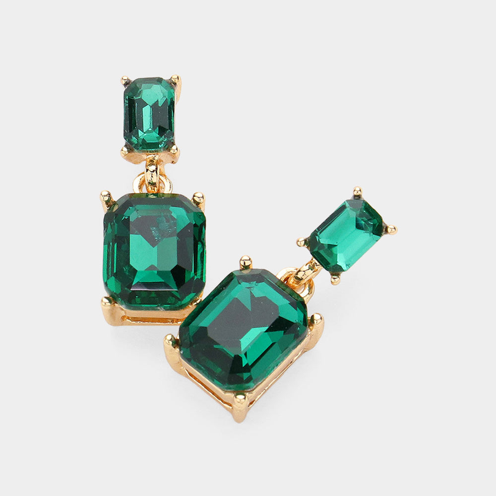 Madeline Love Emerald, Gold Emerald Cut CZ Stone Dangle Evening Earrings