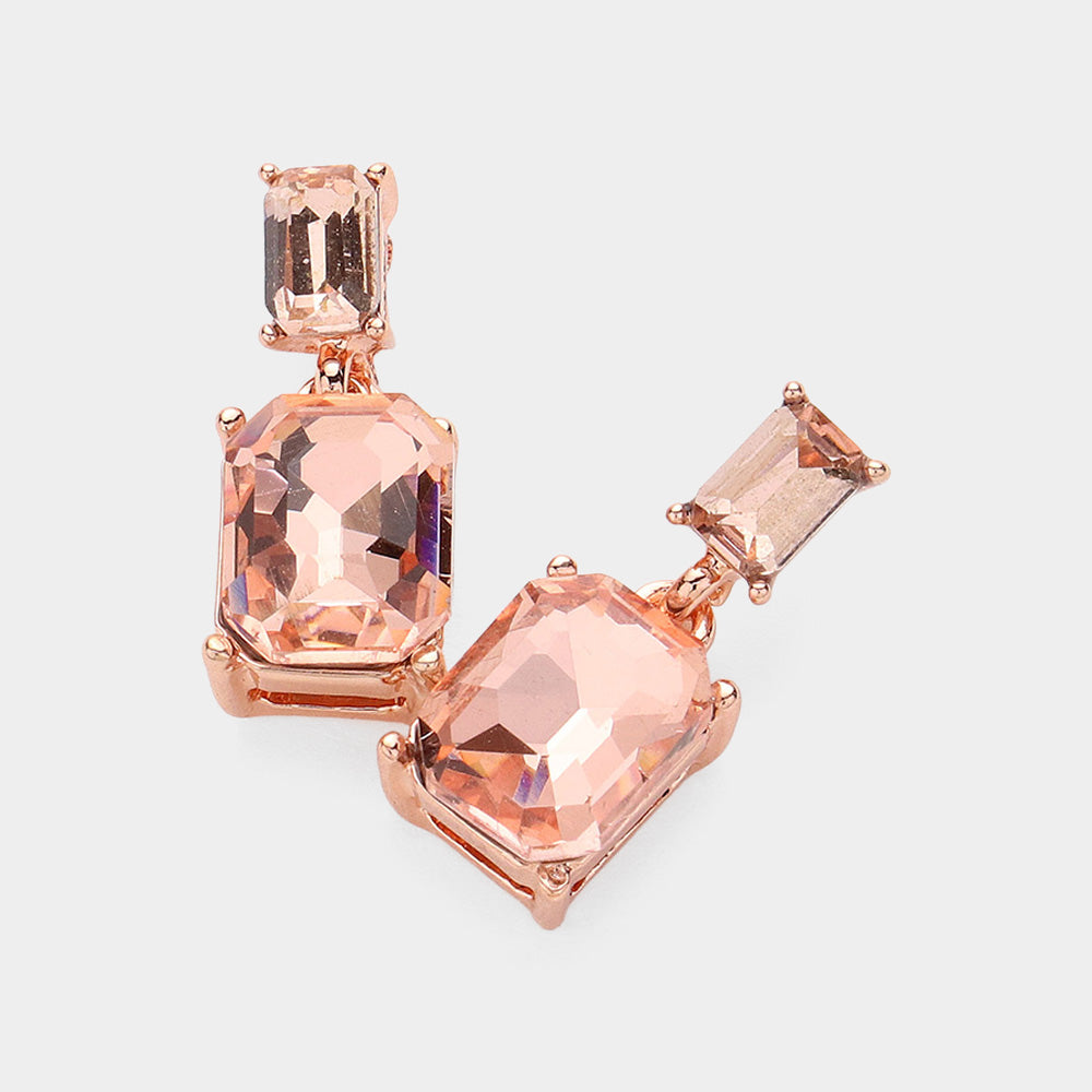 Madeline Love Peach, Rose Gold Emerald Cut CZ Stone Dangle Evening Earrings