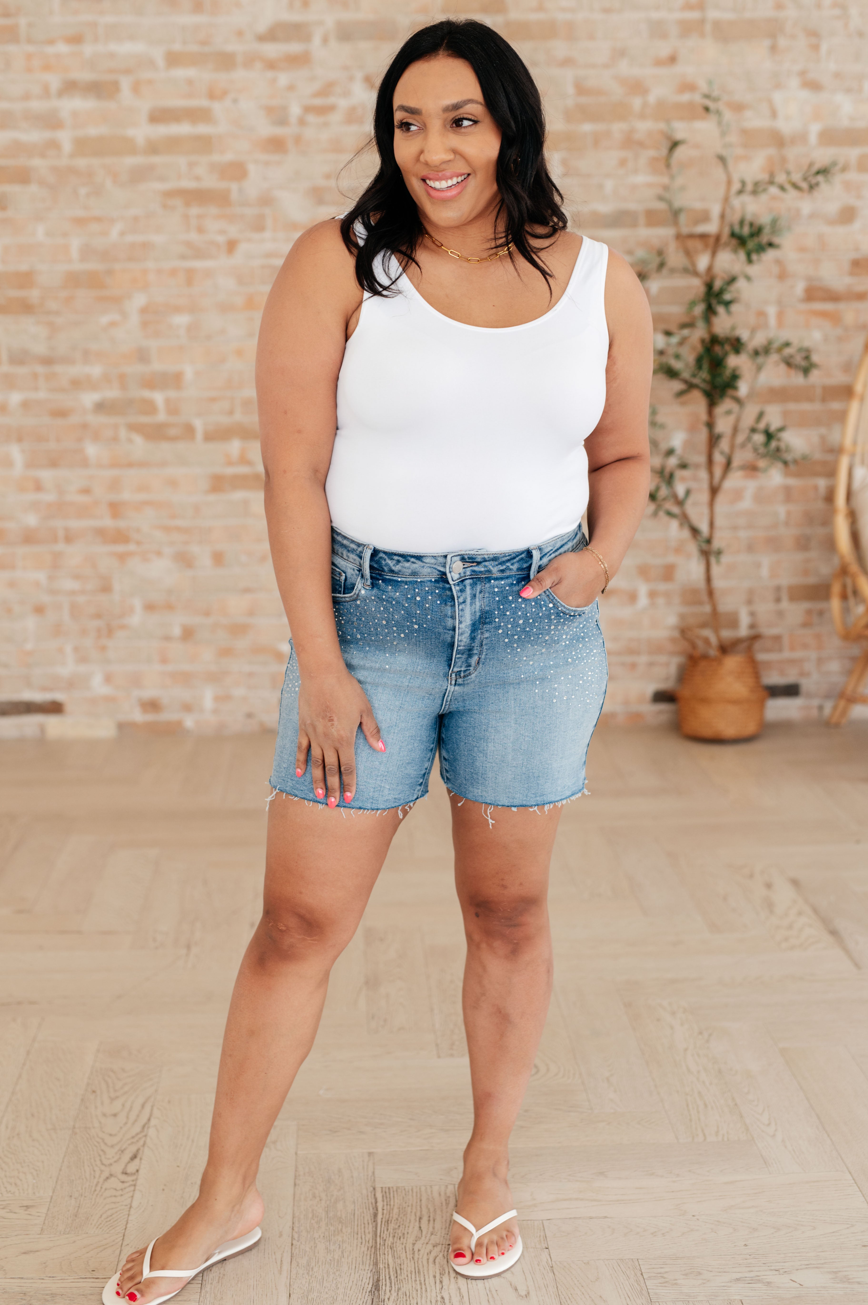 Elle High Rise Rhinestone Cutoff Shorts - Charming Charlie