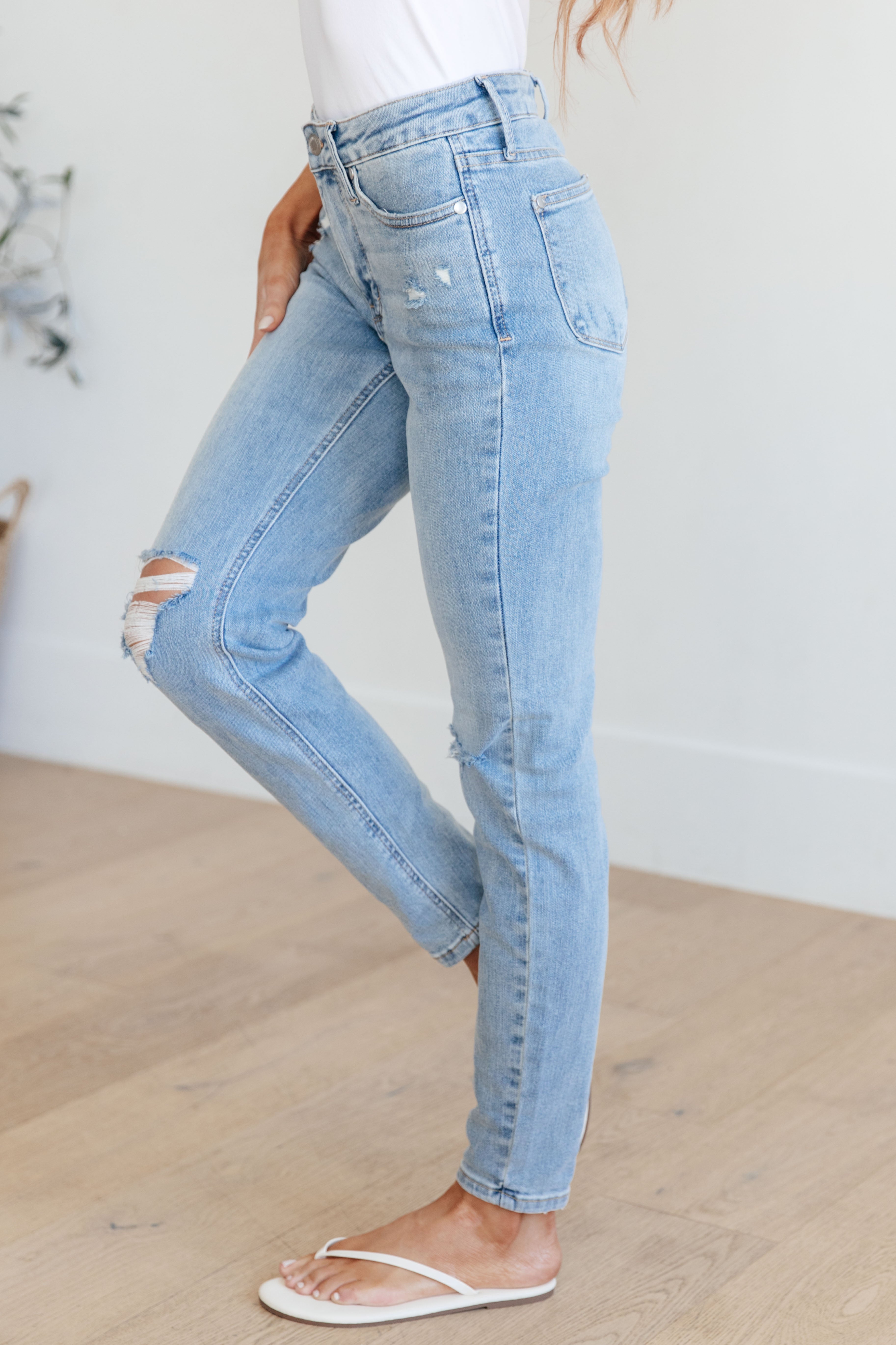 Eloise Mid Rise Control Top Distressed Skinny Jeans - Charming Charlie