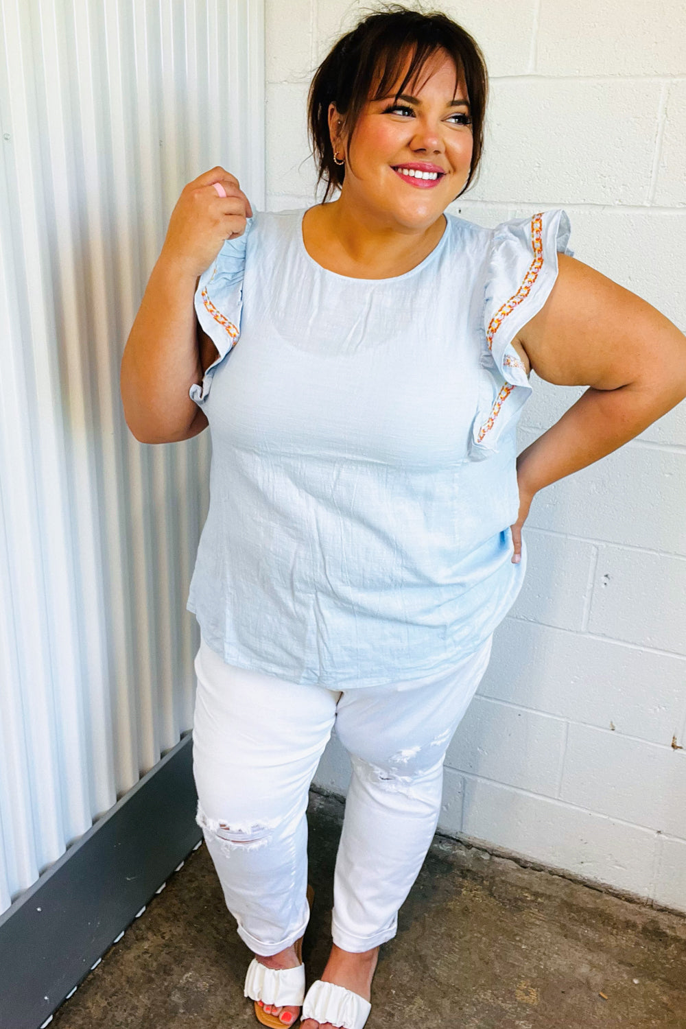 Chambray Embroidered Flutter Sleeve Top - Charming Charlie