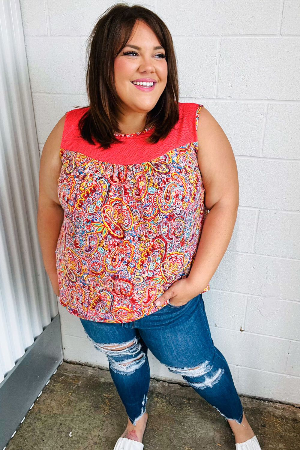 Coral Jacquard Lace Paisley Print Tank Top - Charming Charlie