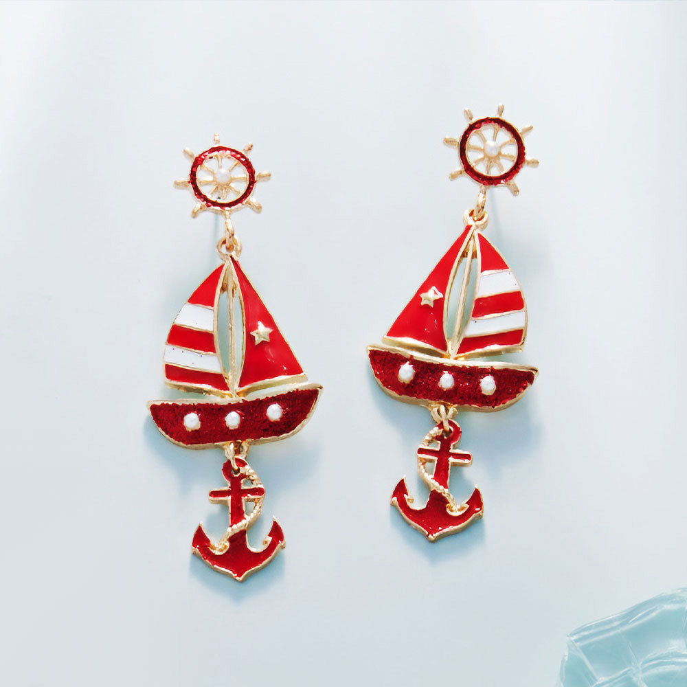 Red Enamel Boat Anchor Dangle Earrings