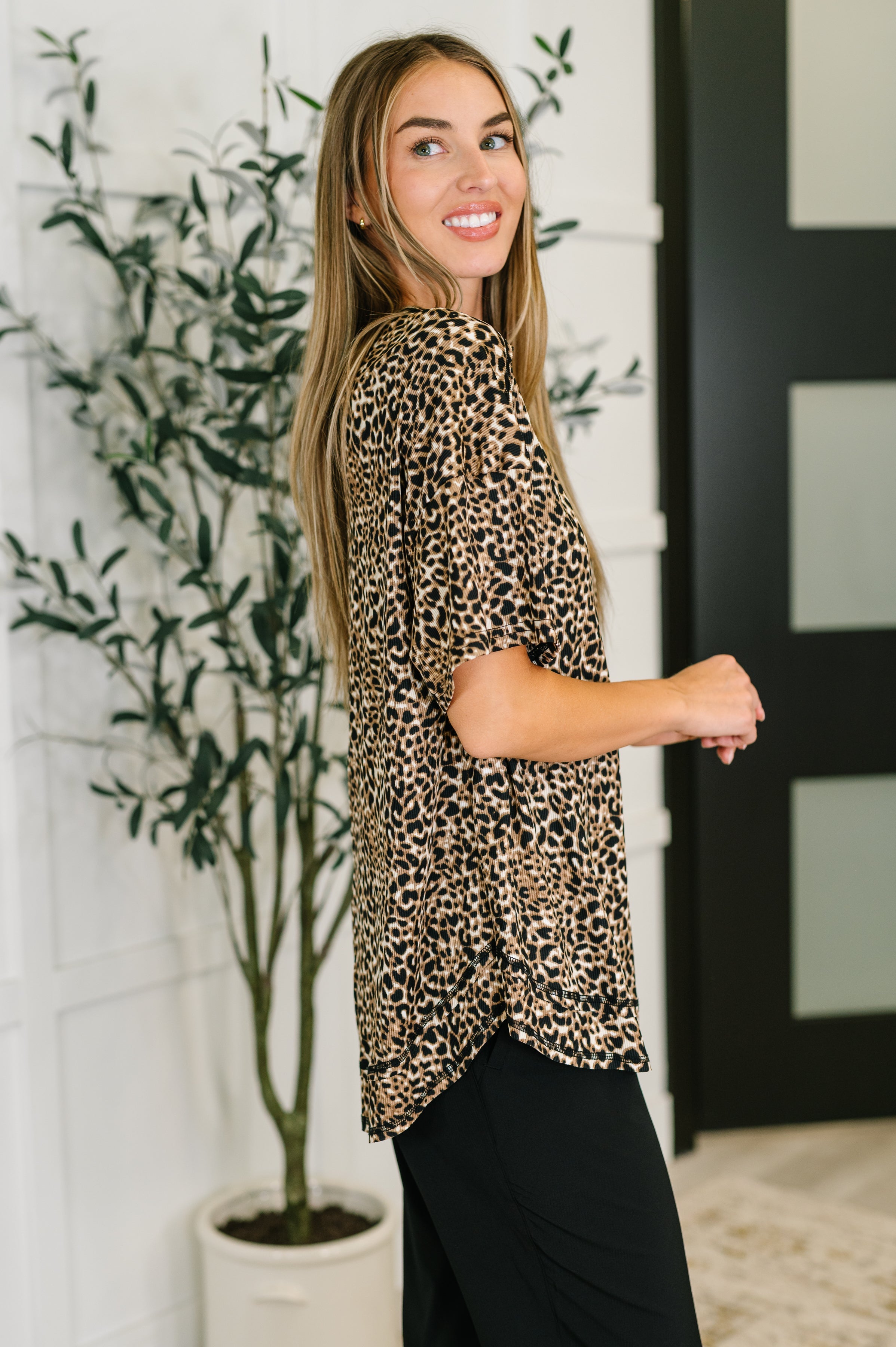 Feline Fine Ribbed Knit Relaxed Tee in Mocha - Charming Charlie