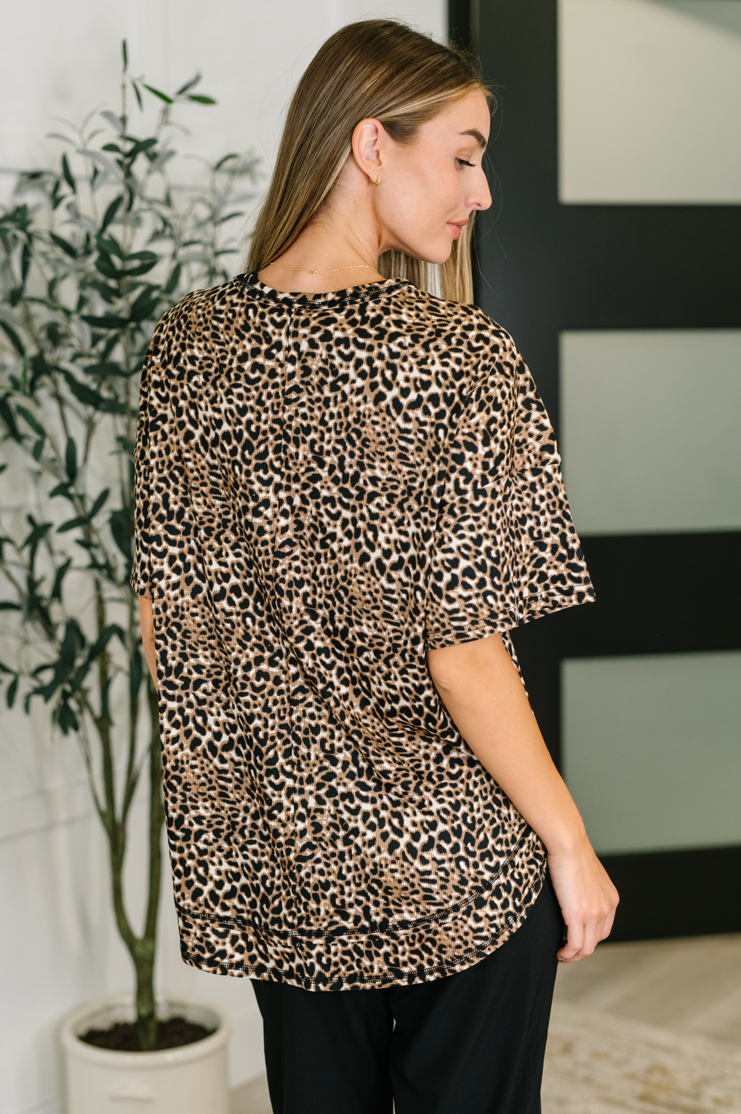 Feline Fine Ribbed Knit Relaxed Tee in Mocha - Charming Charlie