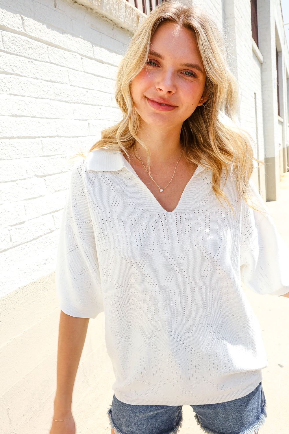Lock Eyes White Pointelle Collar V Neck Short Sleeve Top - Charming Charlie