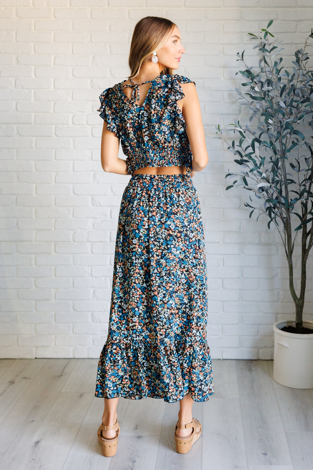 Flutter of Florals V-Neck Crop and Skirt Set - Charming Charlie