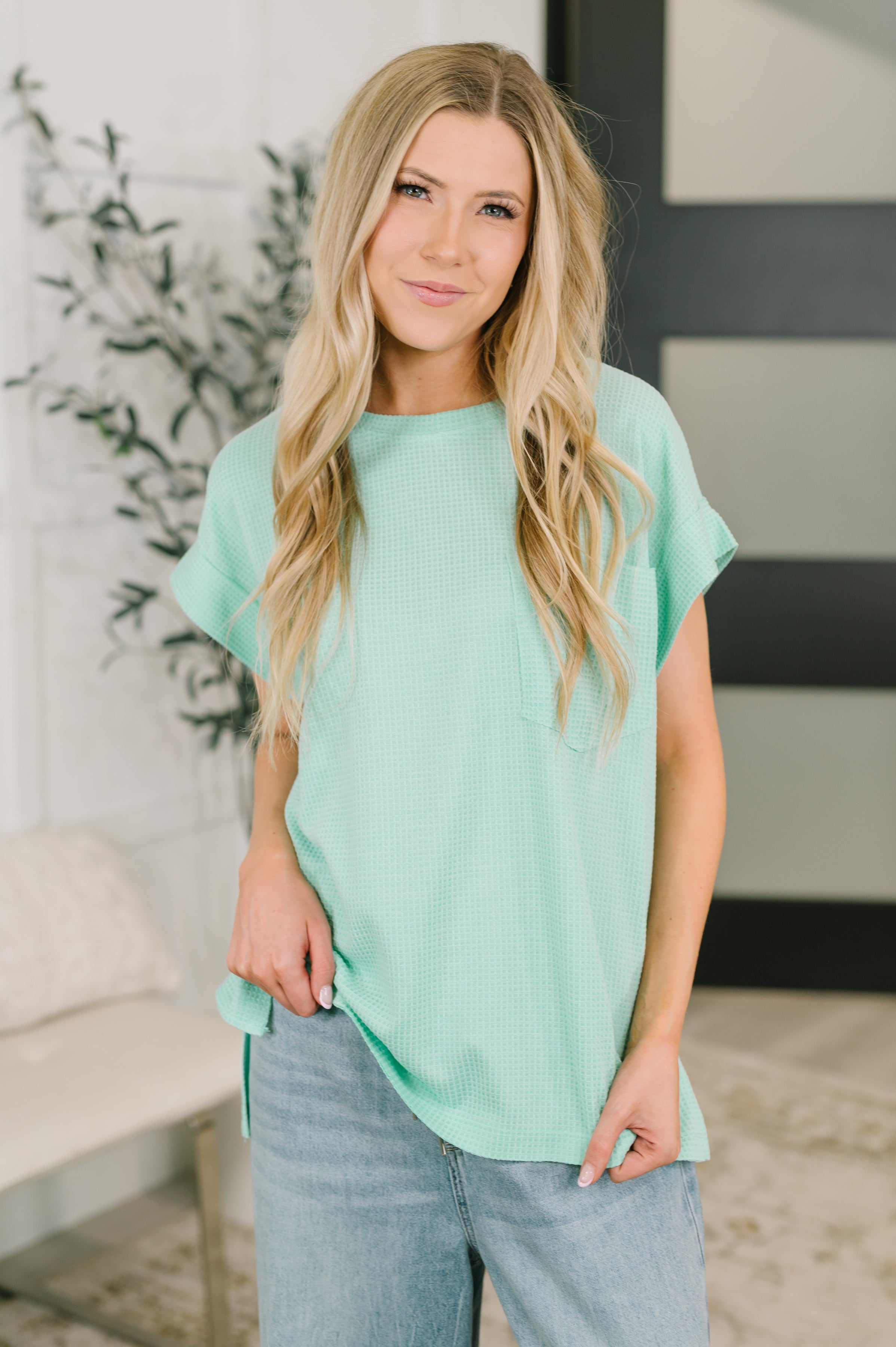 Foundation First Waffle Knit Relaxed Tee in Mint - Charming Charlie
