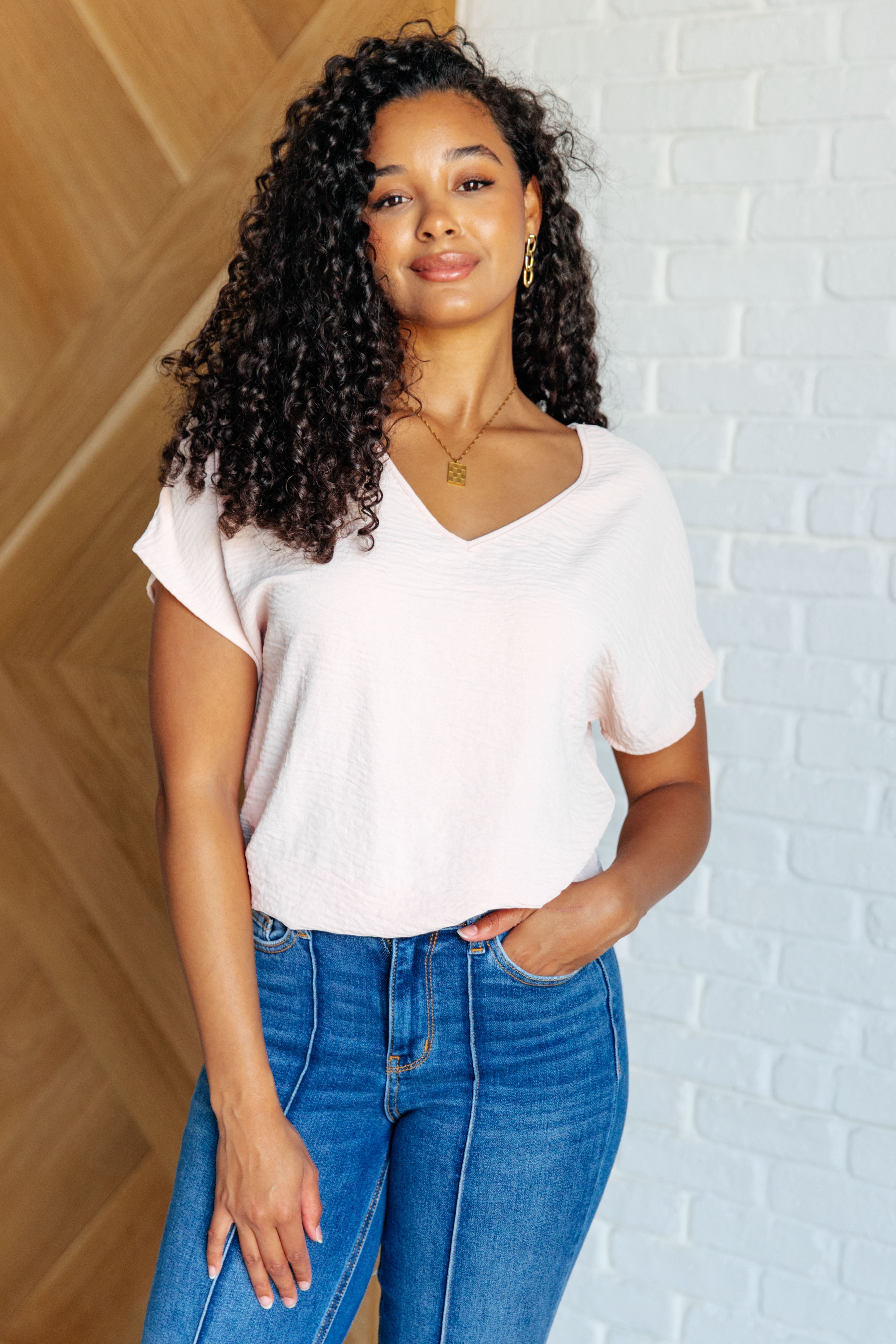 Frequently Asked Questions V-Neck Top in Blush - Charming Charlie