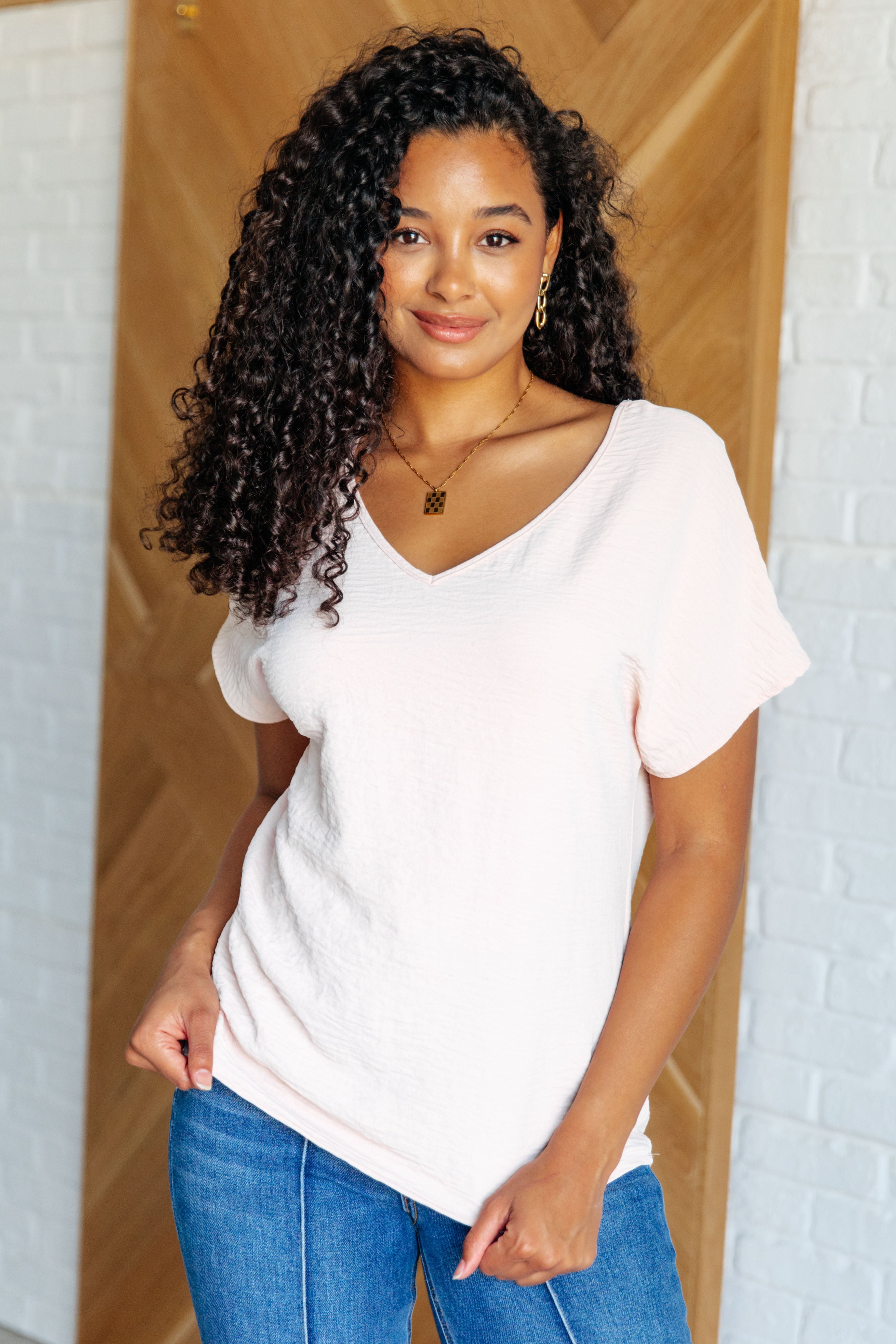 Frequently Asked Questions V-Neck Top in Blush - Charming Charlie