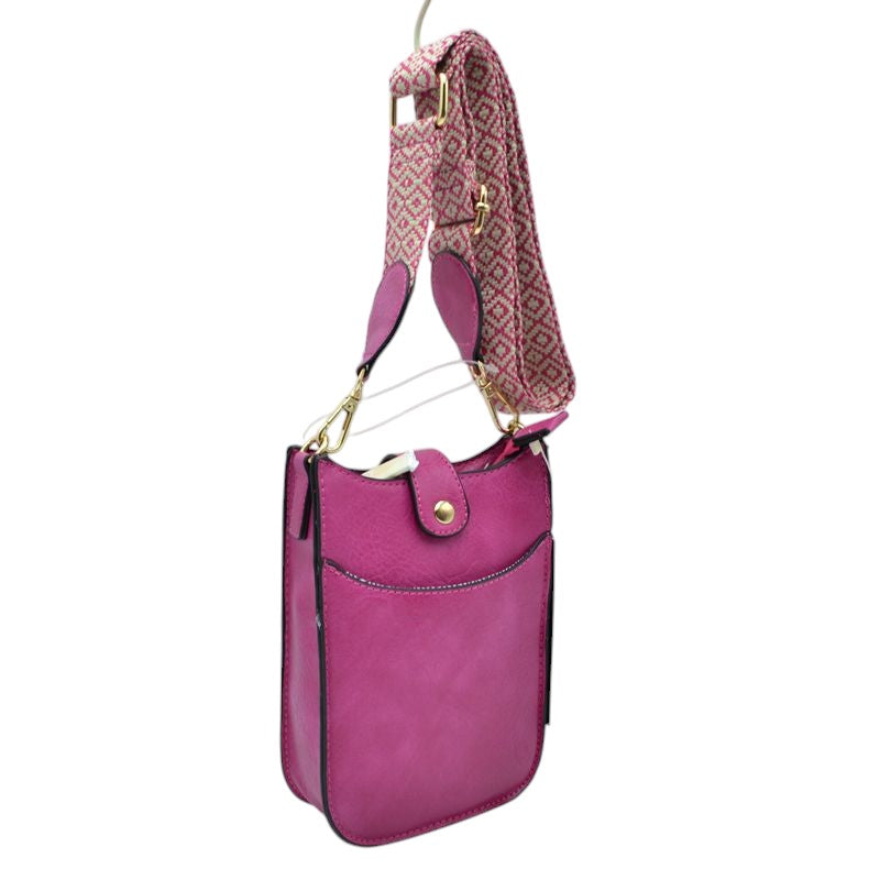 Vegan Leather Crossbody Bag with Adjustable Guitar Straps - Fuchsia - Crossbody Bags