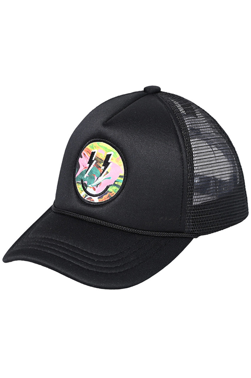 Full Black C.C Lightning Bolt Eyes Smiley Face Trucker Cap is a fun and stylish accessory for any outfit. With its unique lightning bolt eye design and breathable mesh back, you'll not only look great but also stay cool and comfortable. Perfect for adding a touch of personality to your everyday look.
