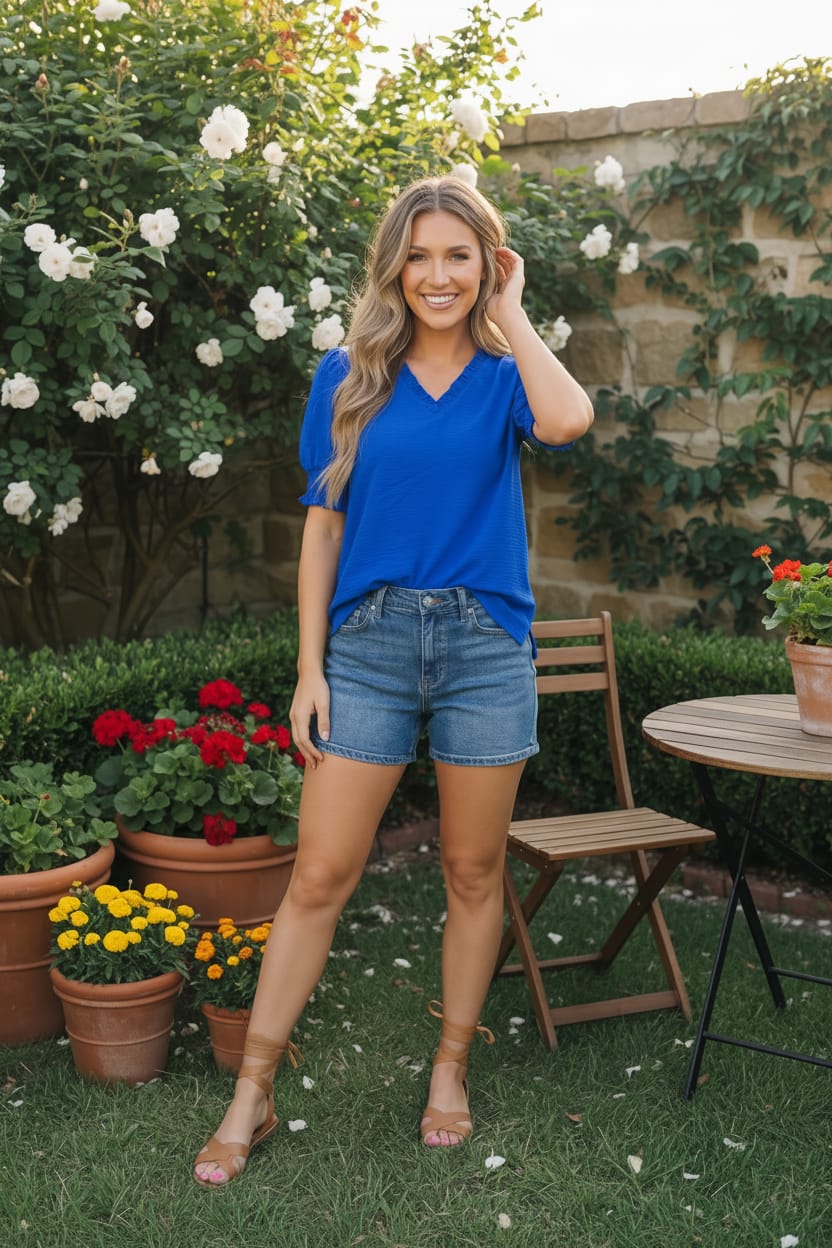 Bright Days Blue V-Neck Puff Sleeve Top - Charming Charlie
