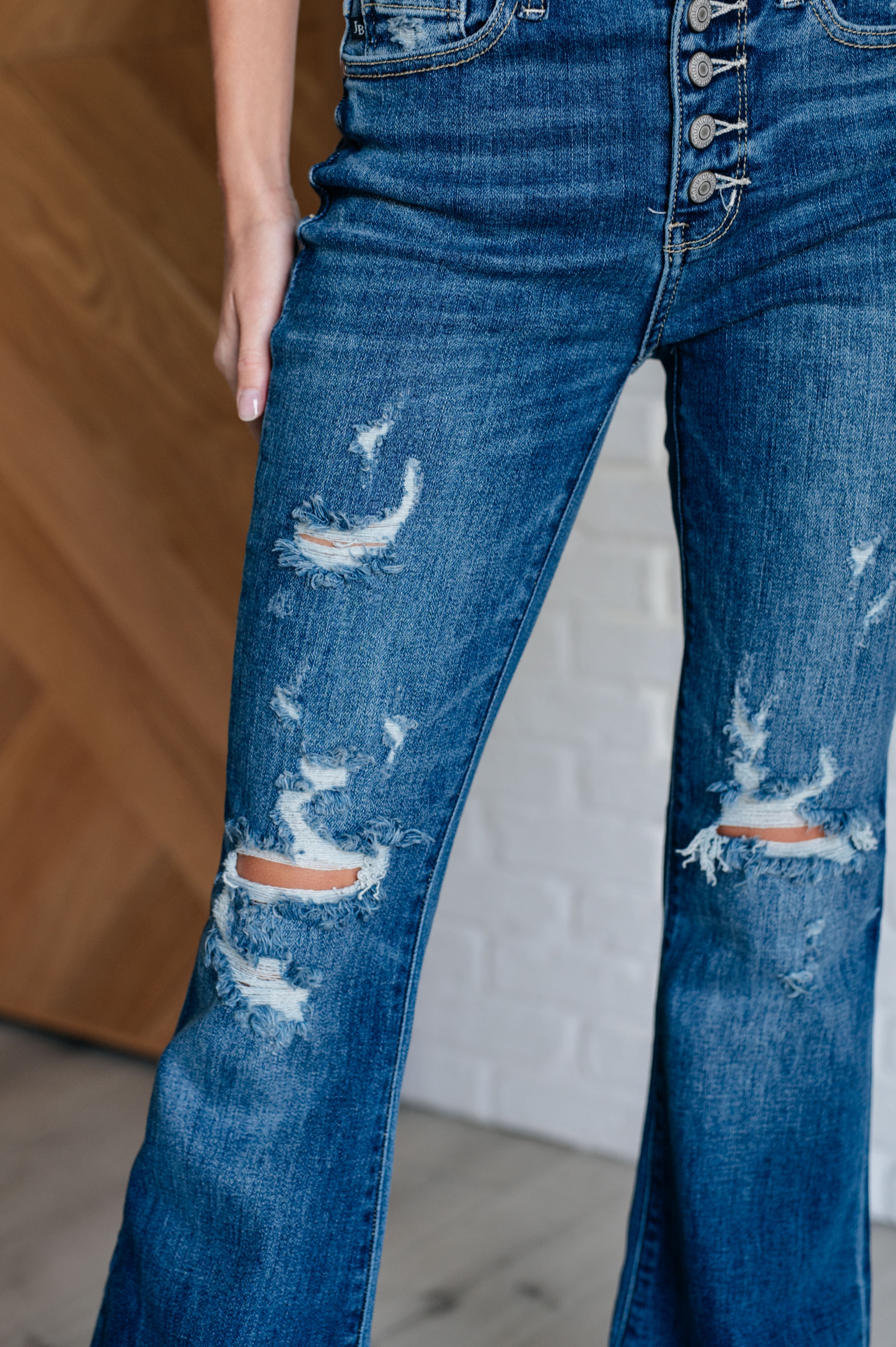 Gabriella Mid Rise Distressed Button Fly Flare - Charming Charlie