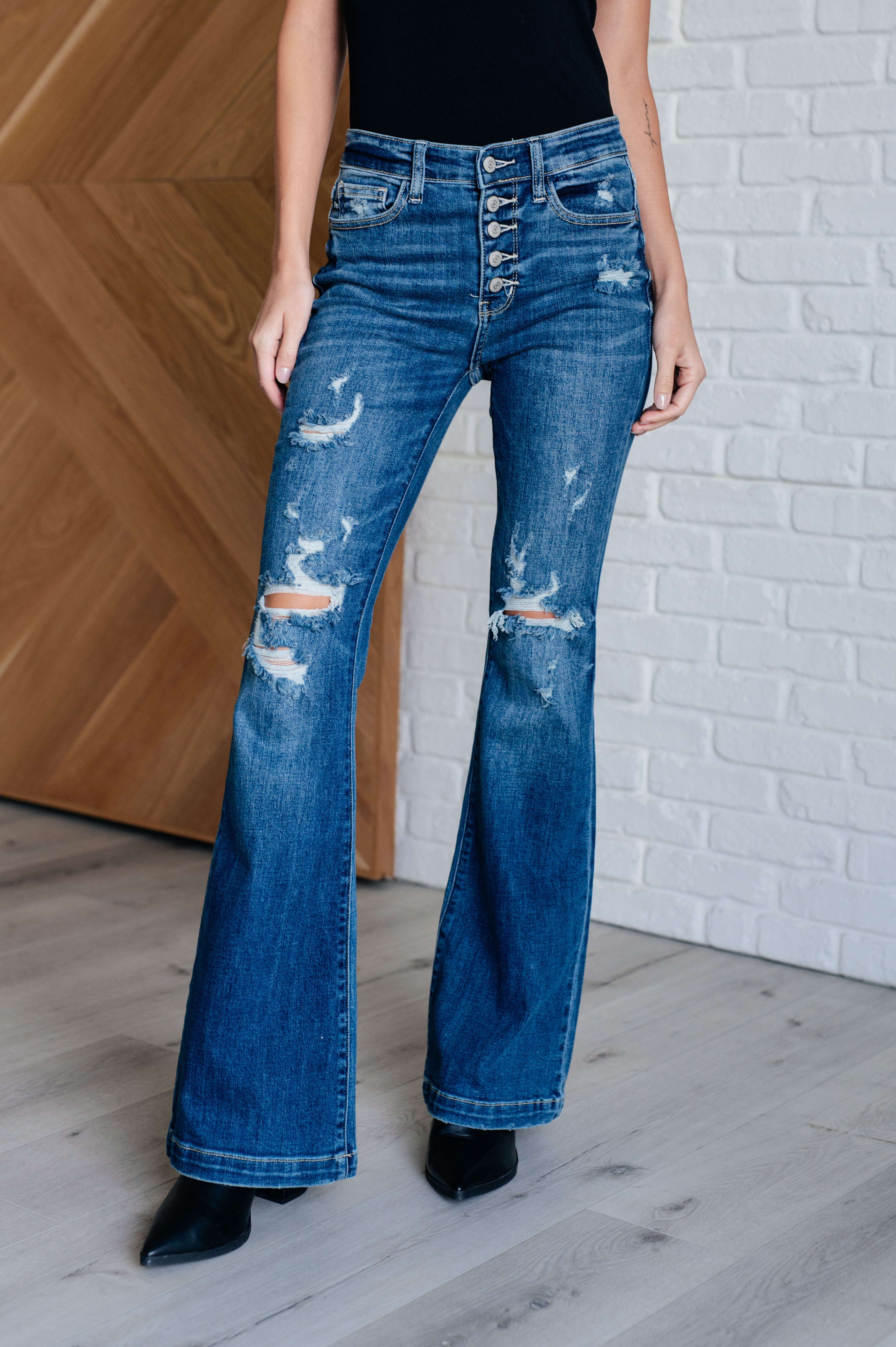 Gabriella Mid Rise Distressed Button Fly Flare - Charming Charlie