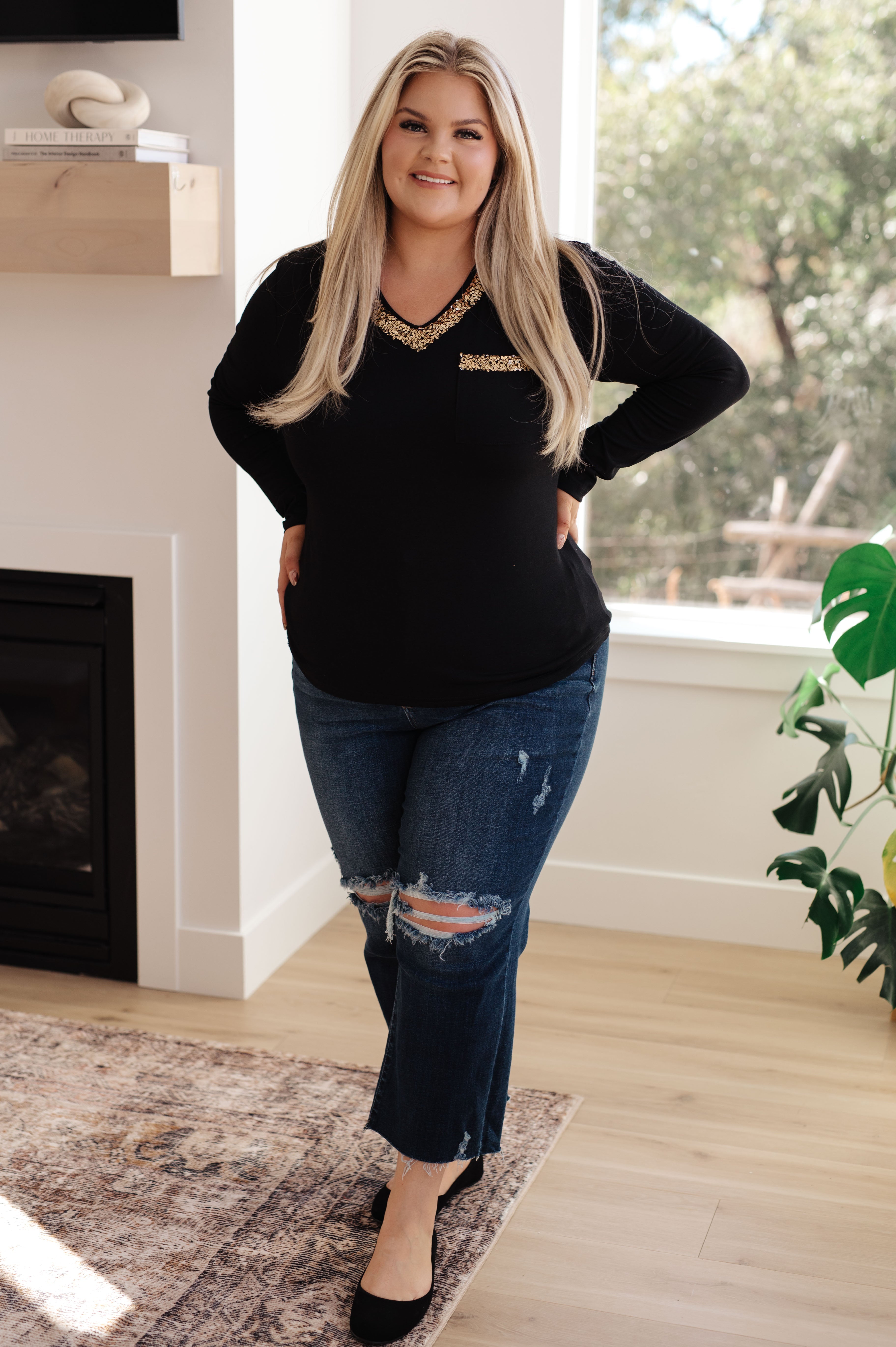 Glitter Lining Long Sleeve V-Neck Top - Charming Charlie