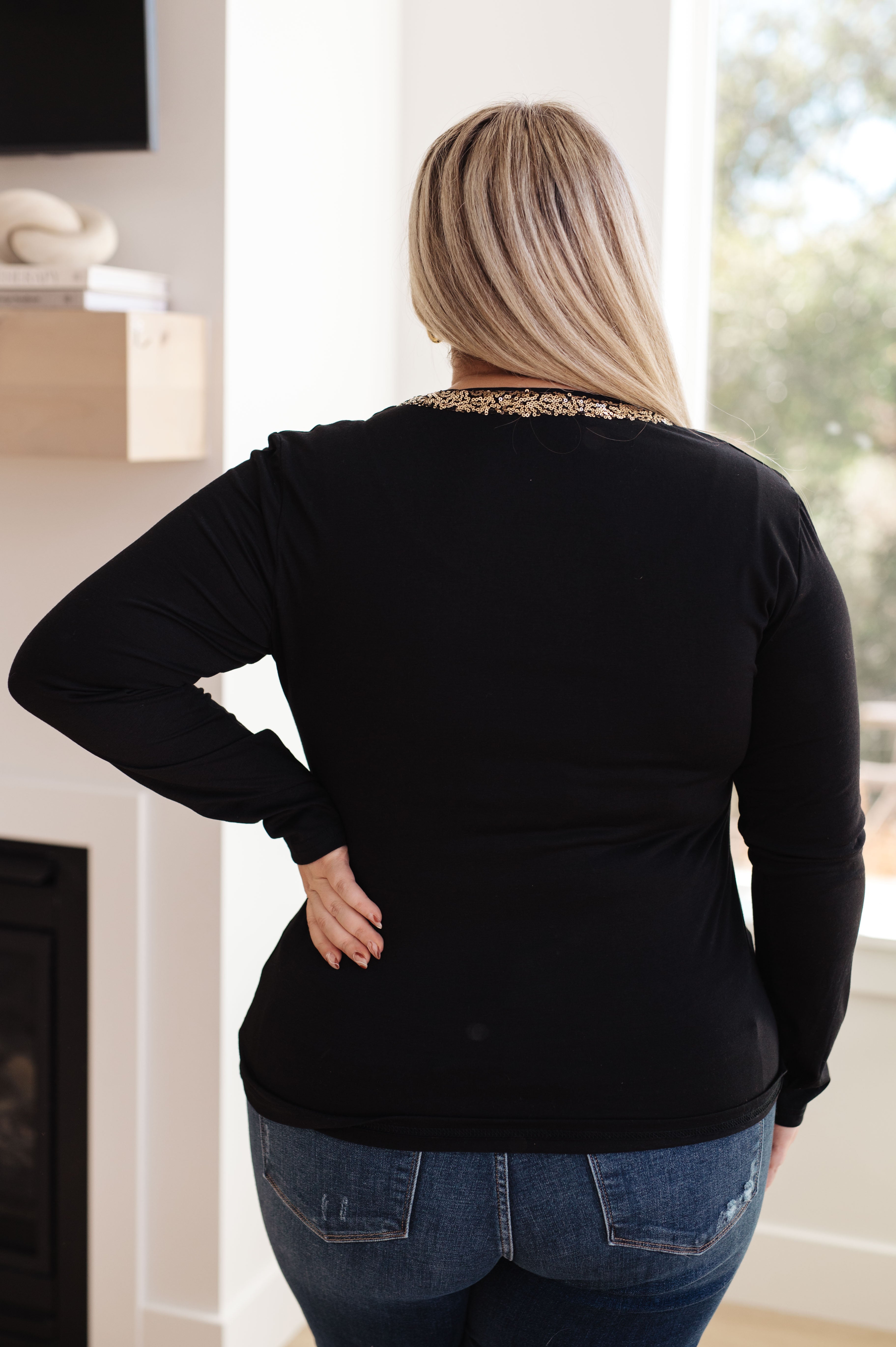Glitter Lining Long Sleeve V-Neck Top - Charming Charlie