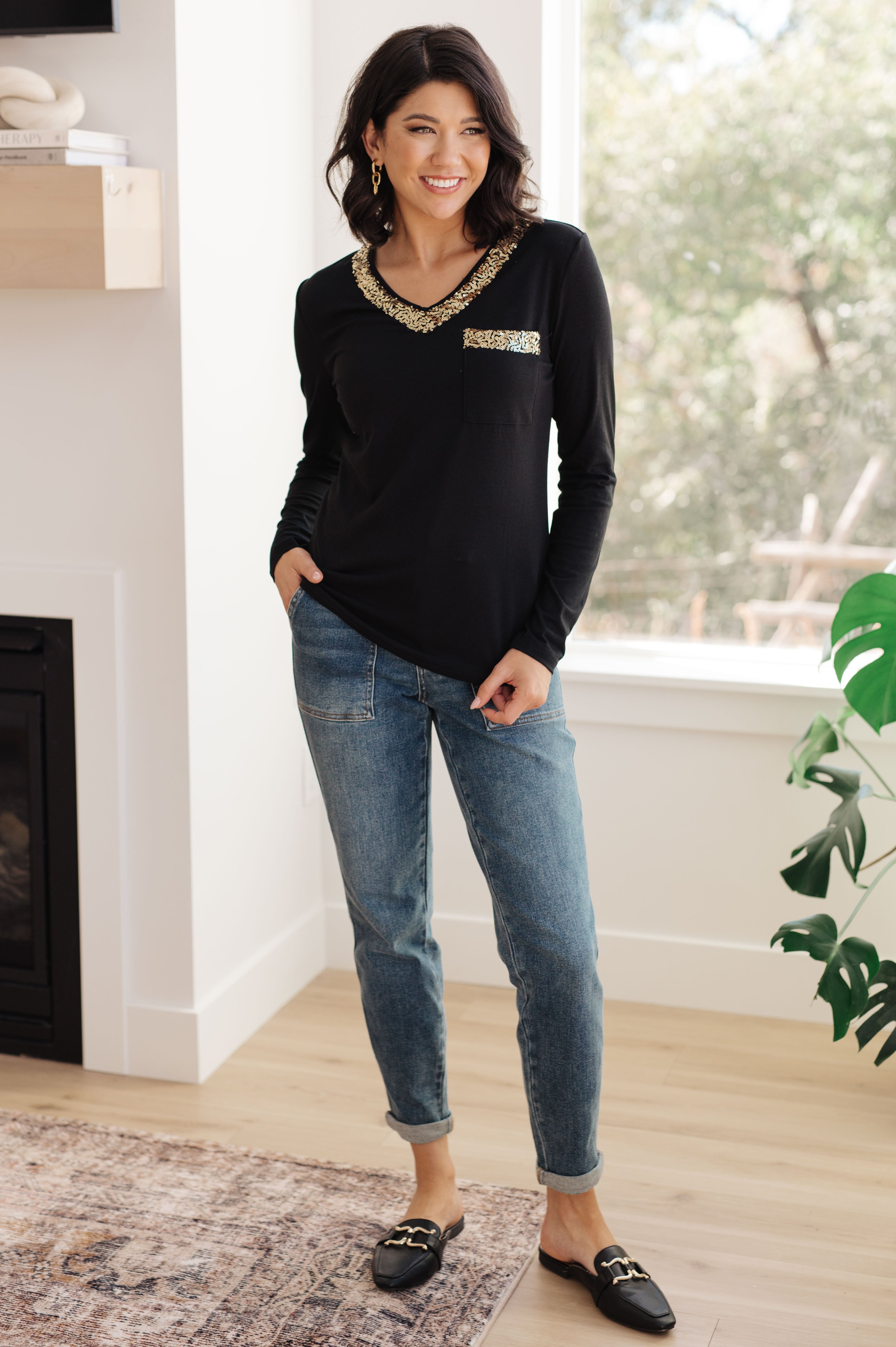 Glitter Lining Long Sleeve V-Neck Top - Charming Charlie