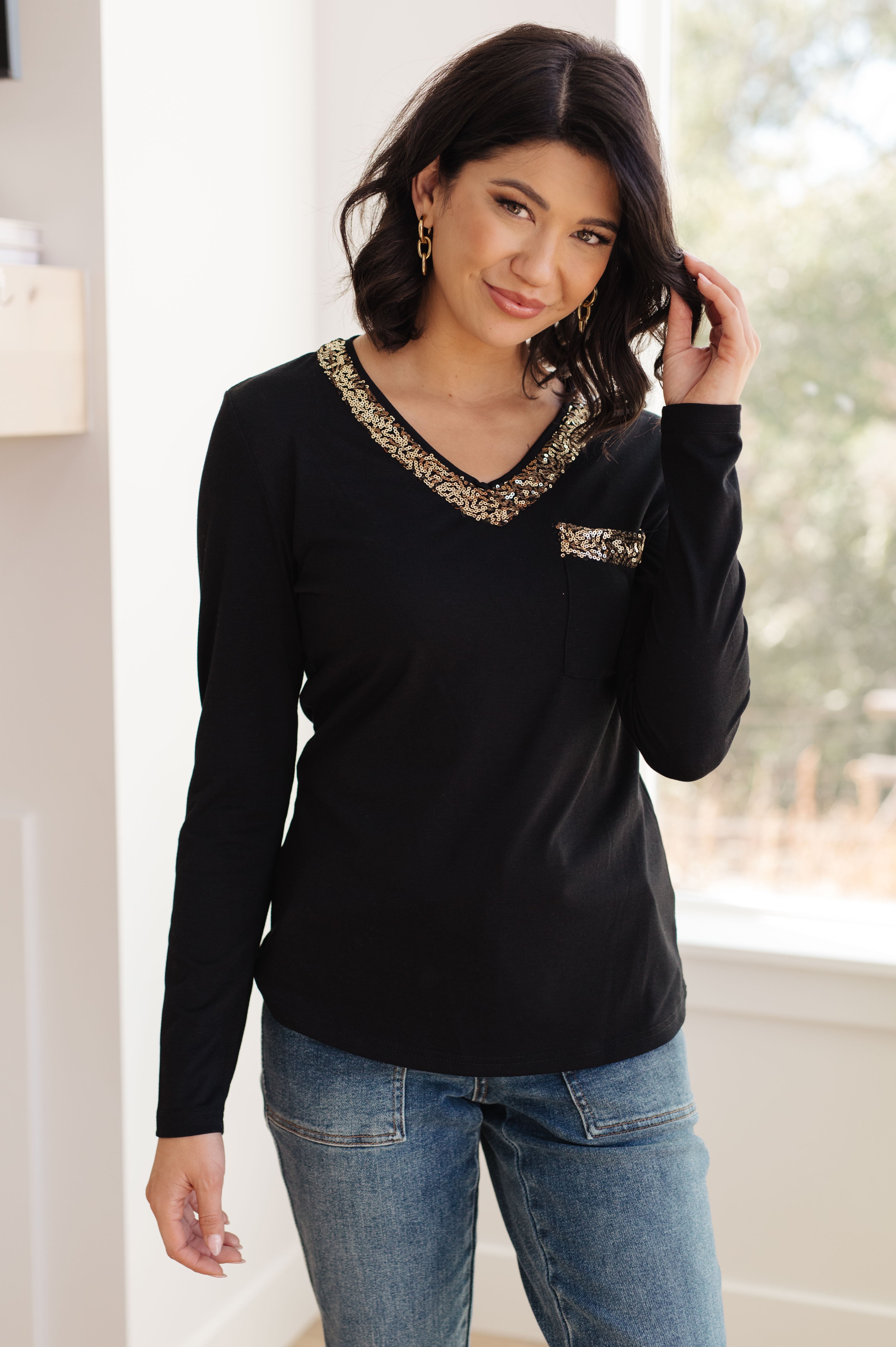 Glitter Lining Long Sleeve V-Neck Top - Charming Charlie