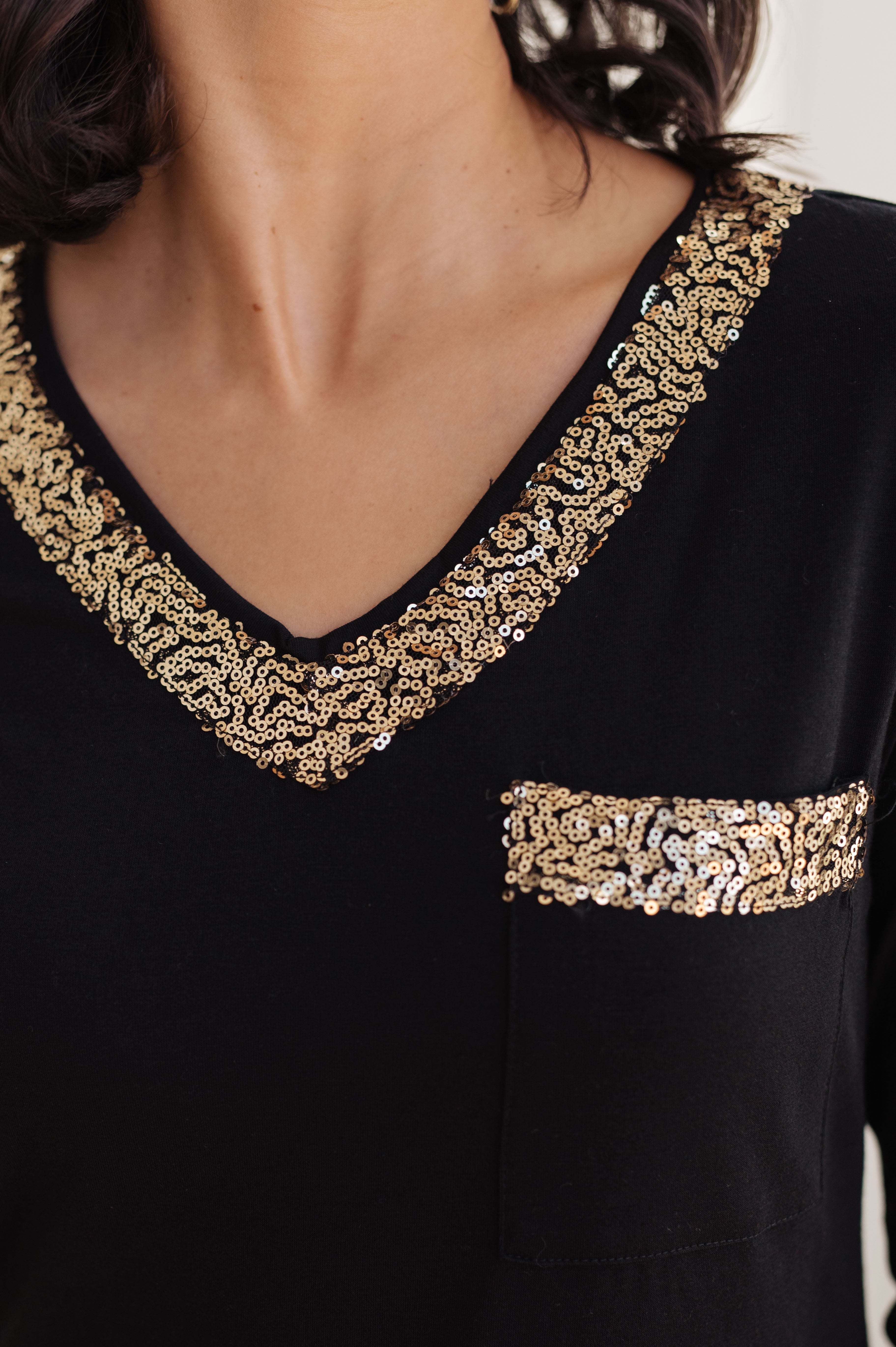 Glitter Lining Long Sleeve V-Neck Top - Charming Charlie