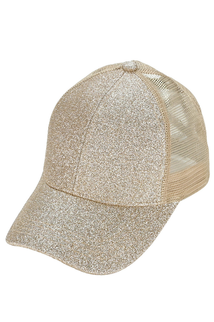 Gold C.C Glitter Mesh Back Criss-Cross Ponytail Cap features a glitter mesh back and criss-cross design, perfect for adding a touch of sparkle to any outfit. Its unique design allows for comfortable and secure wear while keeping your ponytail in place. A must-have accessory for any fashion-forward individual.
