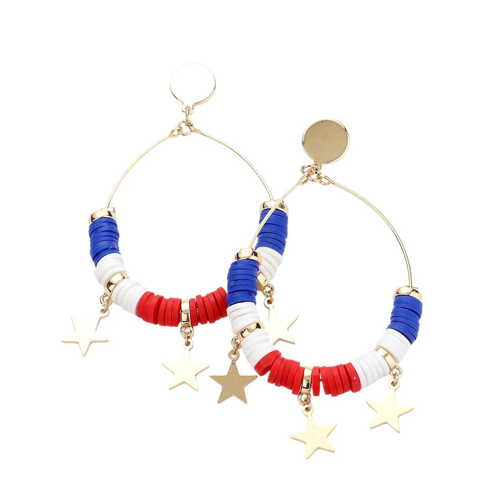 Gold Multi Metal Star Accented Heishi Open Metal teardrop earrings feature an architecturally balanced open metal framework enhanced by precisely positioned star accents and complementary heishi bead elements. The calculated void-to-solid ratio creates visual lightness while maintaining structural integrity. The metalwork demonstrates superior technical execution with particular attention to connection points and surface consistency.