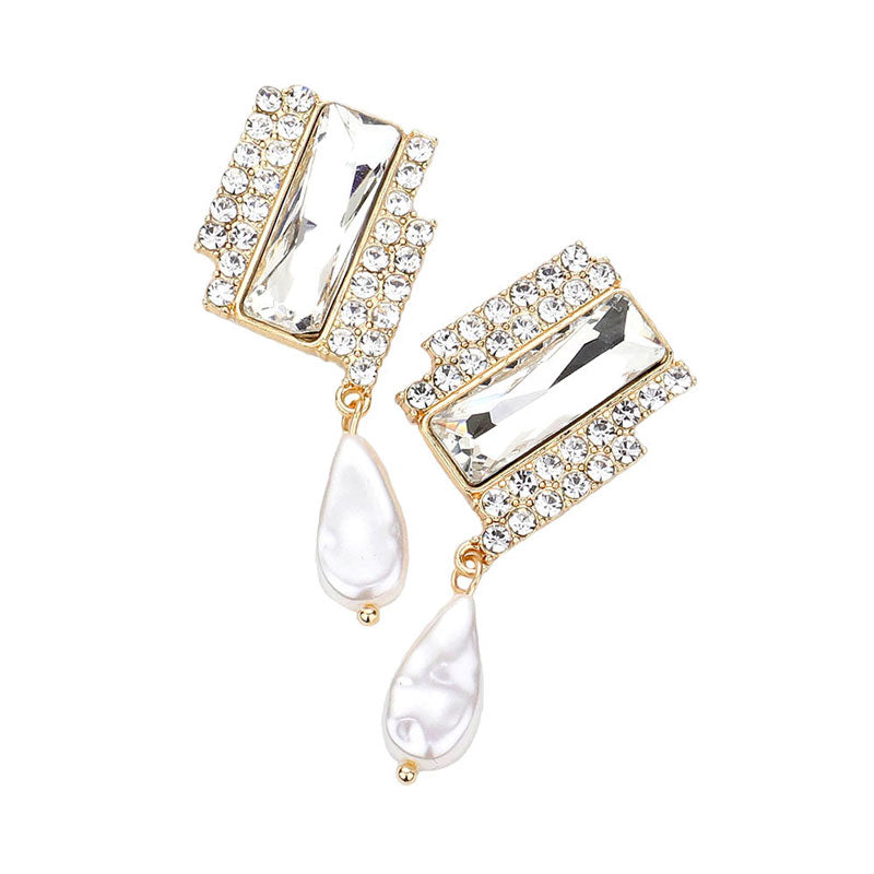 Gold Rectangle Stone Freshwater Pearl Dangle Evening Earrings. Look like the ultimate fashionista with these Earrings! Add something special to your outfit ! It will be your new favorite accessory. Perfect Birthday Gift, Anniversary Gift, Mother's Day Gift, Graduation Gift, Prom Jewelry, Just Because Gift, Thank you Gift.