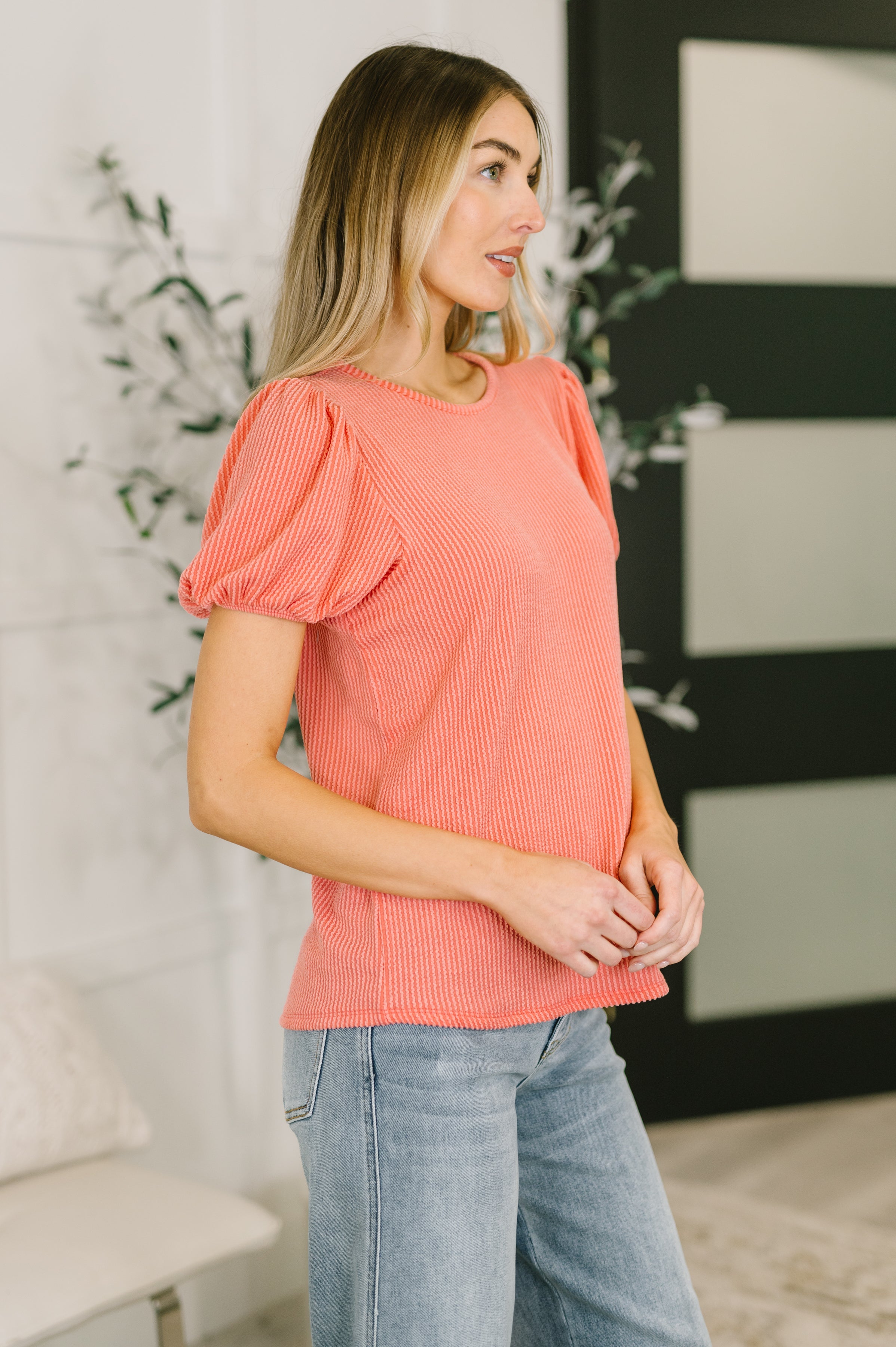 Grace & Virtue Balloon Sleeve Blouse in Coral - Charming Charlie