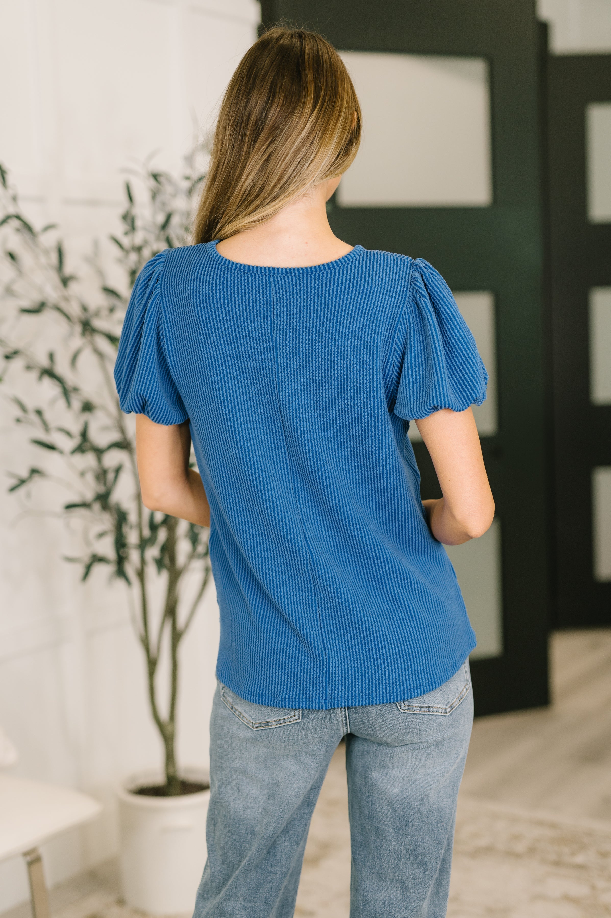 Grace & Virtue Balloon Sleeve Blouse in Ocean Blue - Charming Charlie