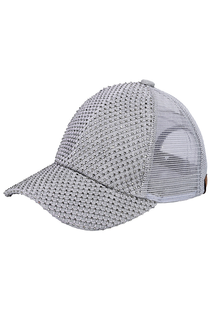 Gray C.C Rhinestone Net Baseball Cap combines fashion and function with its trendy design and durable construction. Featuring sparkling rhinestones and a breathable net design, this cap is the perfect accessory for any outdoor activity. Made with high-quality materials, it offers both style and comfort for all-day wear.
