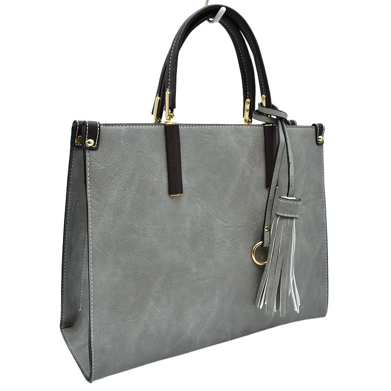 Gray Large Shoulder Vegan Leather Tassel Handbag For Women. High quality Vegan Leather is a luxurious and durable, Stay organized in style with this square-shaped shopper tote bag that is fully two contrasting interior and exterior solid colors. This vegan leather handbag includes an on-trend removable tassel embellishment. Guaranteed, This will be your go-to handbag.