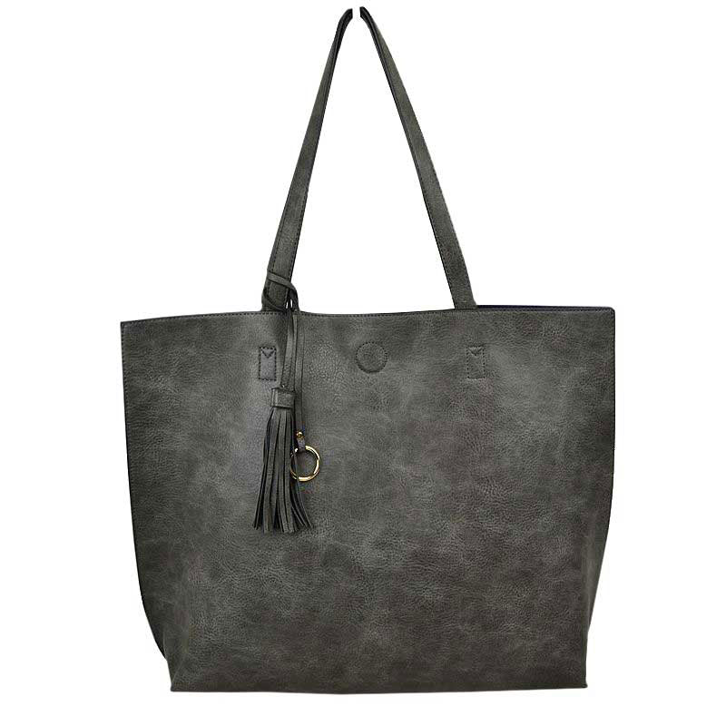Gray Large Tote Reversible Shoulder Vegan Leather Tassel Handbag, High quality Vegan Leather is a luxurious and durable, Stay organized in style with this square-shaped shopper tote purse that is fully reversible for two contrasting interior and exterior solid colors. This vegan leather handbag includes an on-trend removable tassel embellishment. Guaranteed, This will be your go-to handbag.