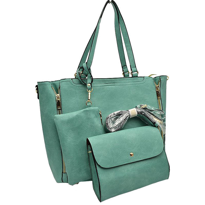 Green 3 in 1 Side Zipper Women's Handbag set. Ideal for parties, events, holidays, pair these handbags with any ensemble for a polished look. Versatile enough for using straight through the week, perfect for carrying around all-day. Great Birthday Gift, Anniversary Gift, Mother's Day Gift, Graduation Gift, Valentine's Day Gift. Wear as a crossbody, shoulder bag, or hand carry for your favorite look.