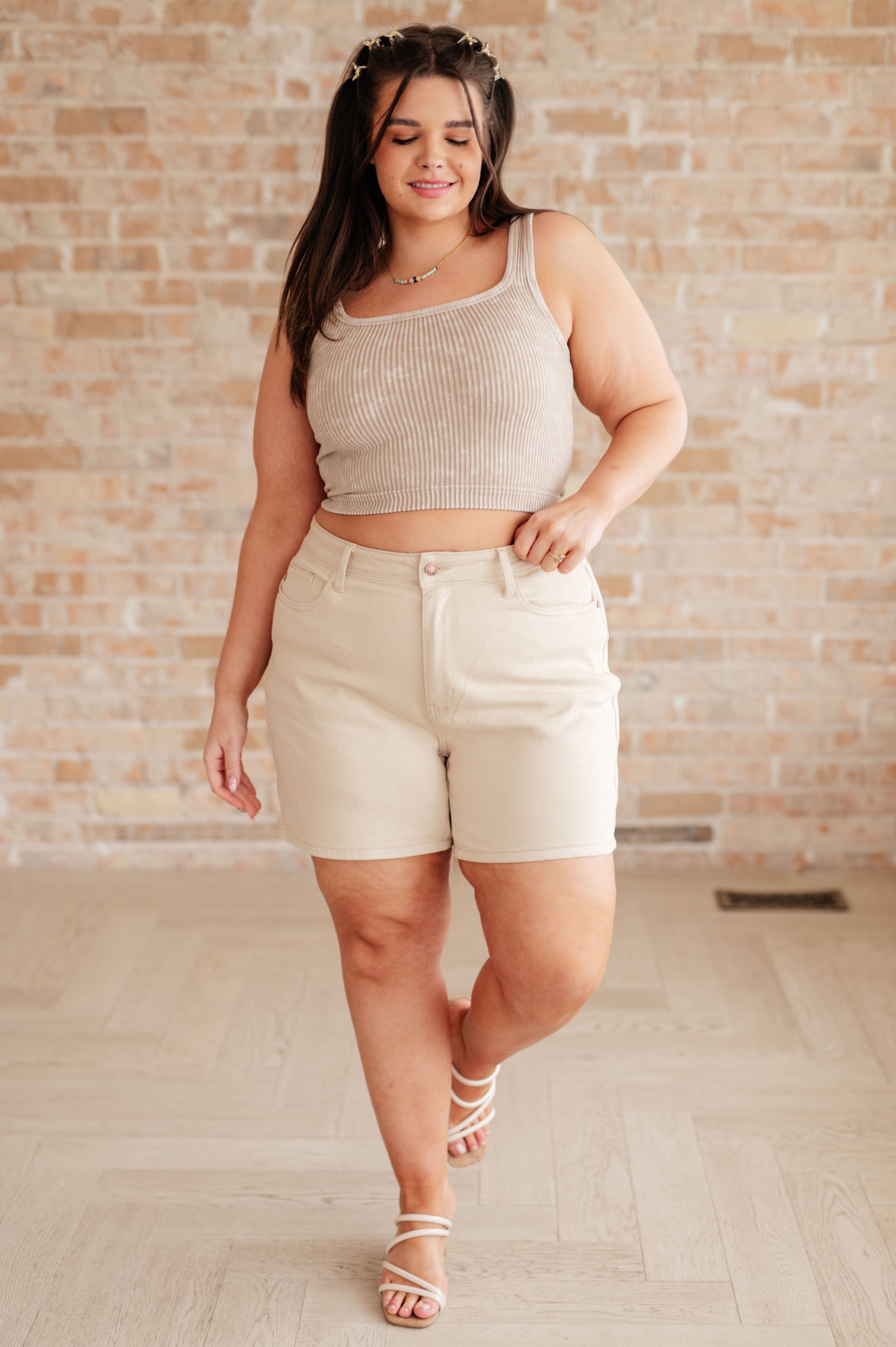 Greta High Rise Garment Dyed Shorts in Bone - Charming Charlie
