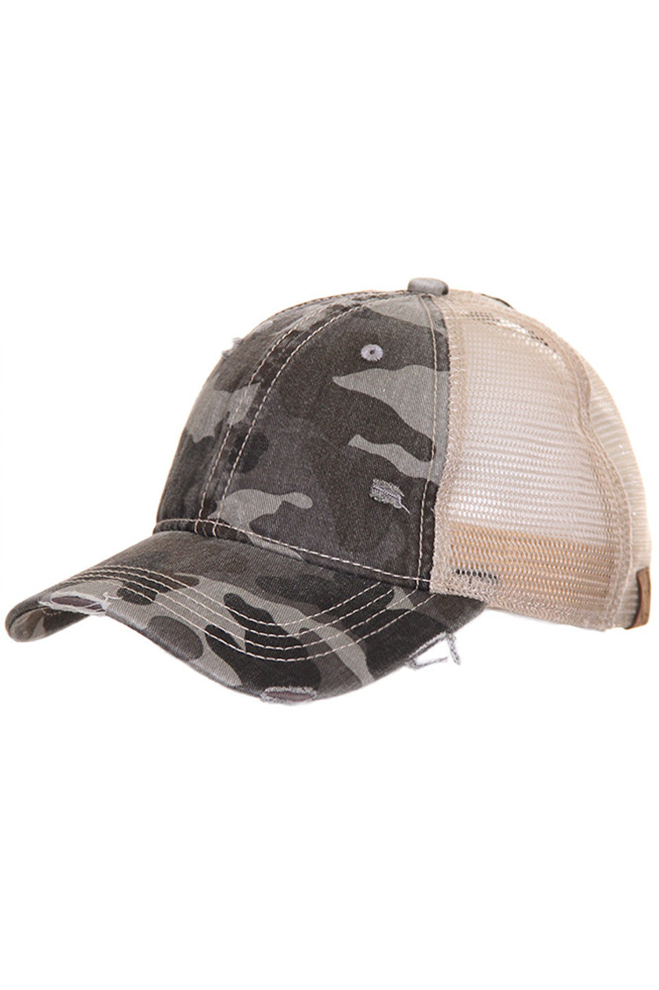 Gray C.C CAMOUFLAGE VINTAGE STYLE PONYCAP is perfect for anyone looking for a stylish and functional hat. Its camouflage design adds a unique touch to any outfit, while its vintage-style pony cap shape provides both style and functionality. Made with high-quality materials, this hat is sure to be a long-lasting accessory for any outdoor adventure.