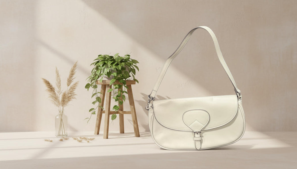 Cream Leather Shoulder Bag with Buckle - Charming Charlie